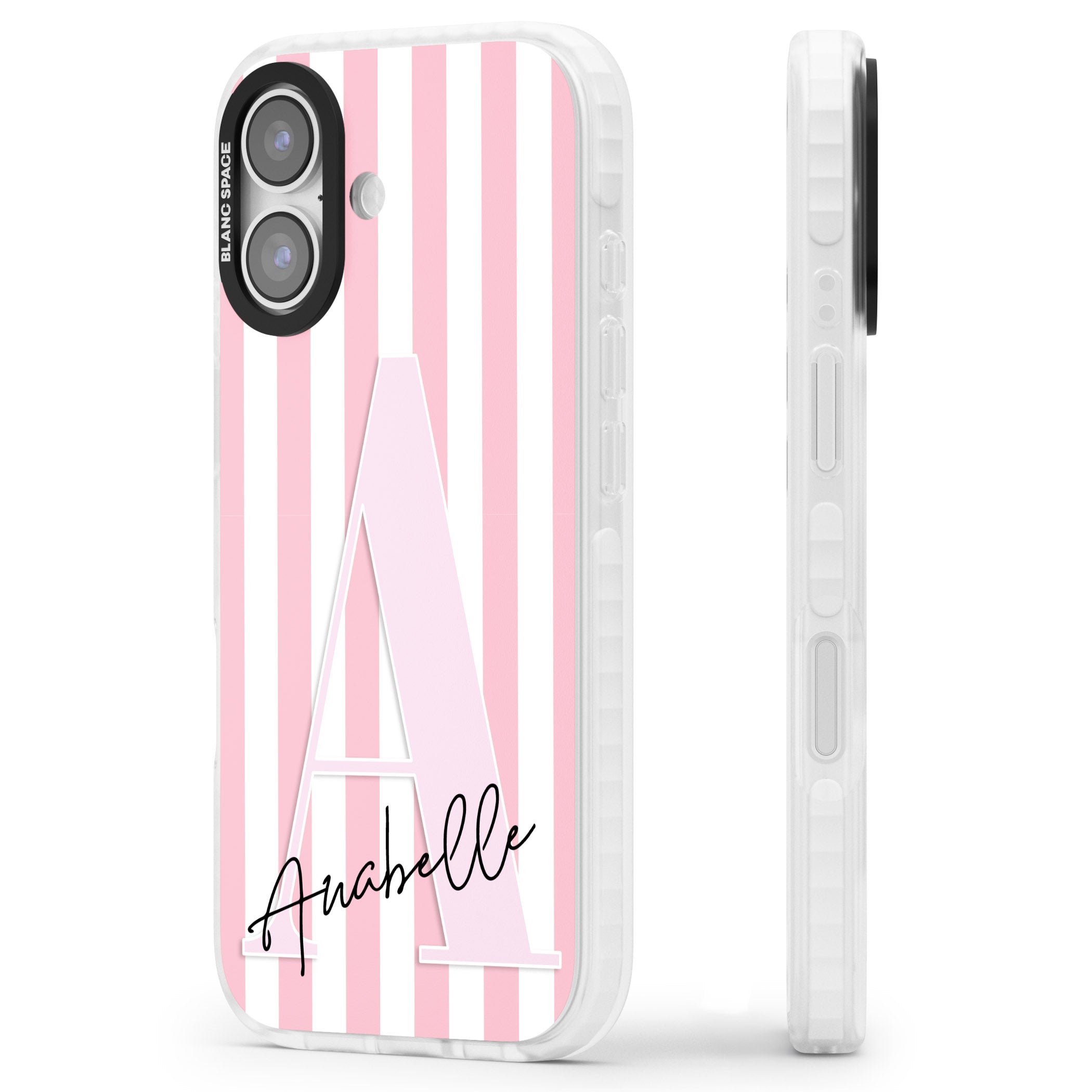 Personalised Pink Stripes & Monogram iPhone 17 Impact Pro Clear Phone Case Side Profile