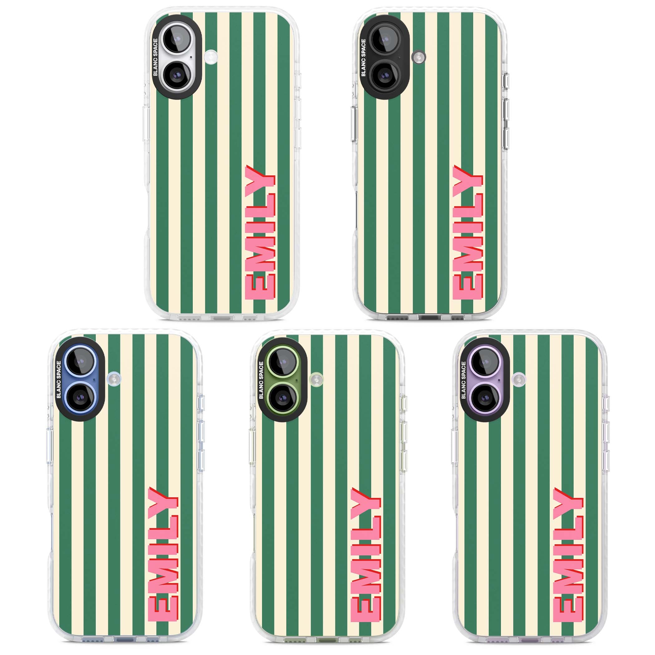 Wimbledon Stripe preppy iPhone case featuring green and cream vertical stripes with a personalised pink name | Impact Magsafe case for iPhone 17
