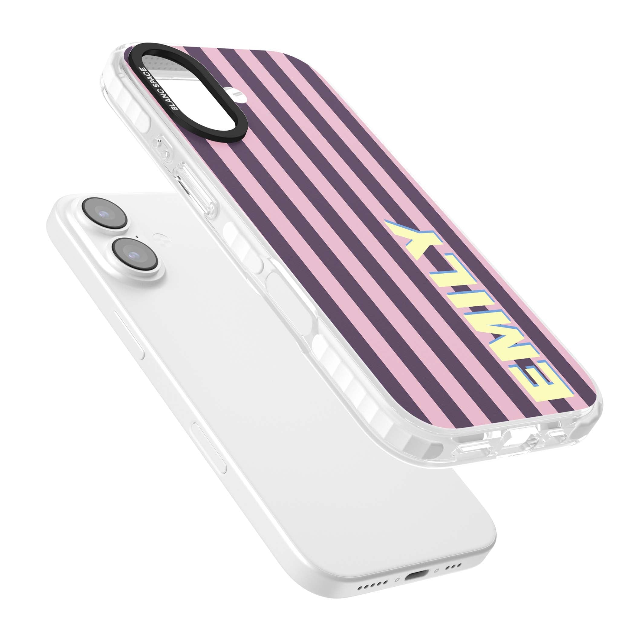 Tyre Stripe personalised stripe iPhone case with plum and pink vertical stripes and custom yellow name | Impact Magsafe case for iPhone 17
