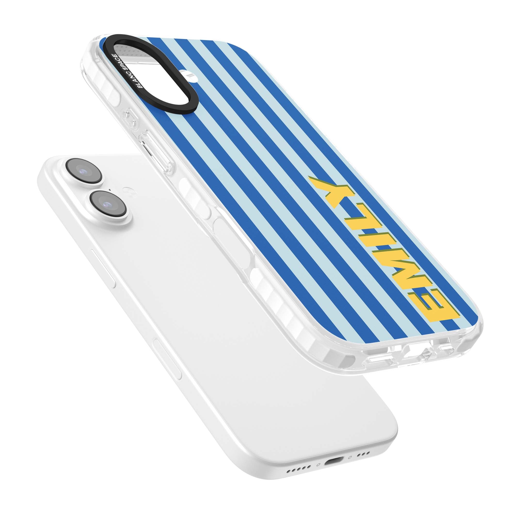 Athenian Stripe personalised preppy iPhone case featuring blue vertical stripes and a custom yellow name | Impact Magsafe case for iPhone 17