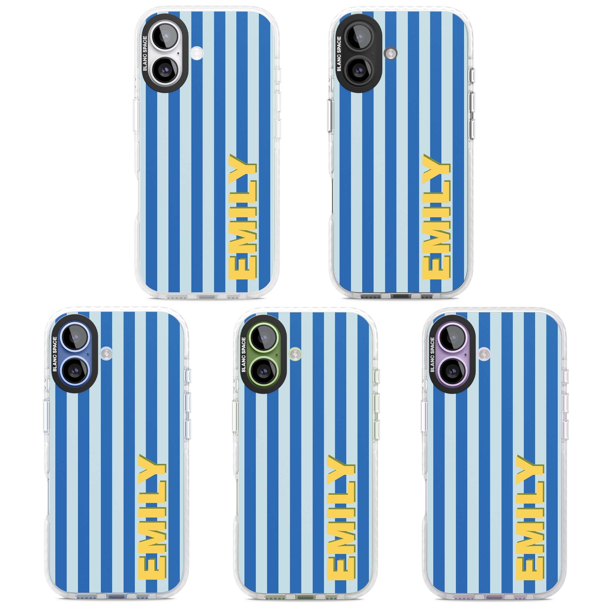 Athenian Stripe personalised preppy iPhone case featuring blue vertical stripes and a custom yellow name | Impact Magsafe case for iPhone 17