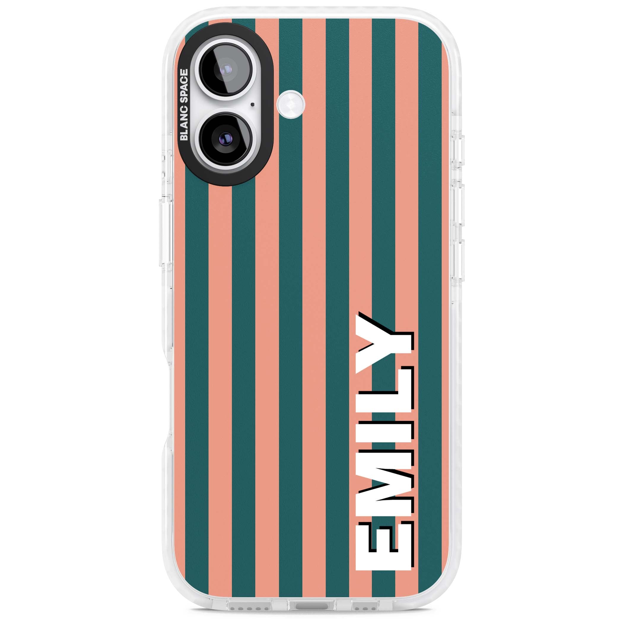 Tuscan Stripe personalised iPhone case featuring coral and green vertical stripes with bold custom name | Impact Magsafe case for iPhone 17