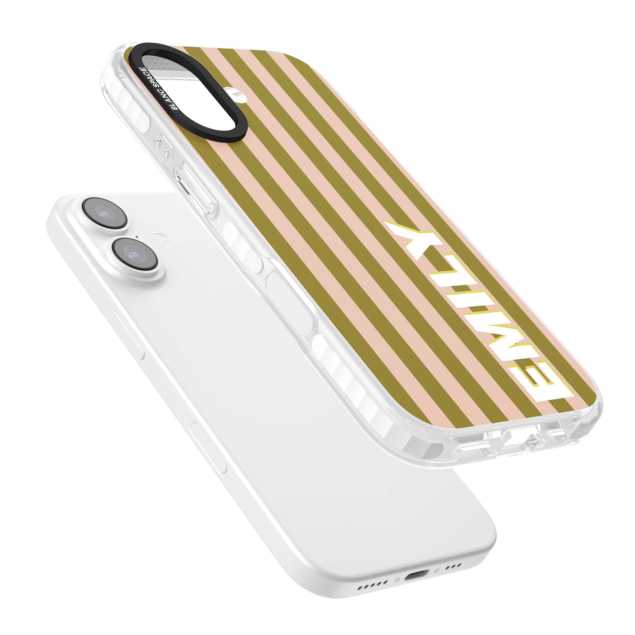 Indian Stripe personalised iPhone case featuring olive green and blush pink vertical stripes with custom name in whit | Impact Magsafe case for iPhone 17