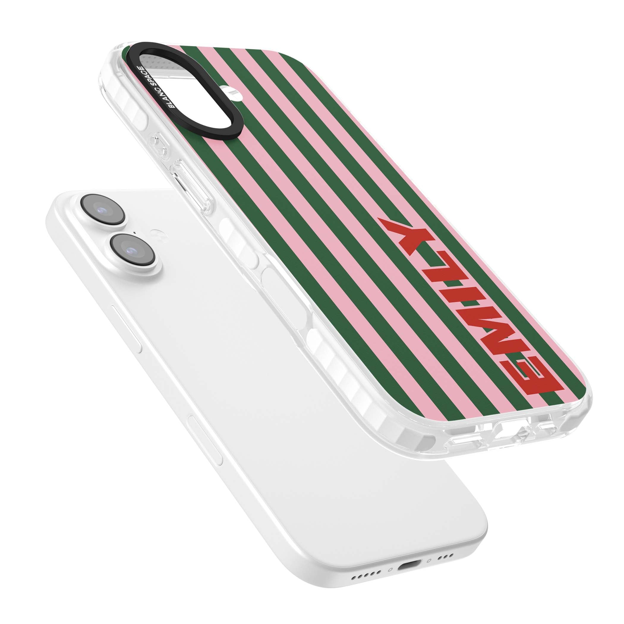 Italian Stripe preppy iPhone case featuring pink and green vertical stripes with personalised red name | Impact Magsafe case for iPhone 17