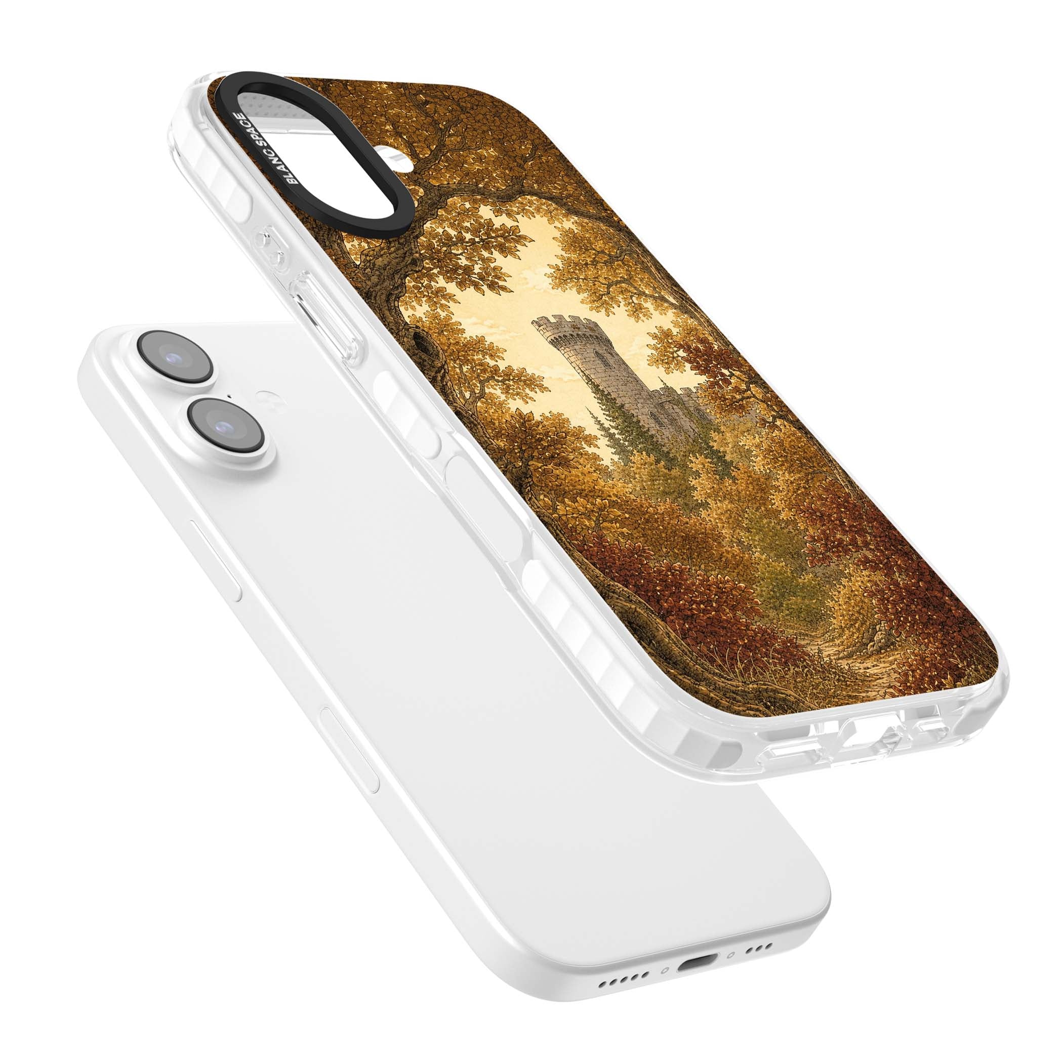 Autumn Keep cottagecore iPhone case featuring a medieval castle tower framed by golden autumn trees and woodland foliage | Impact Magsafe case for iPhone 17