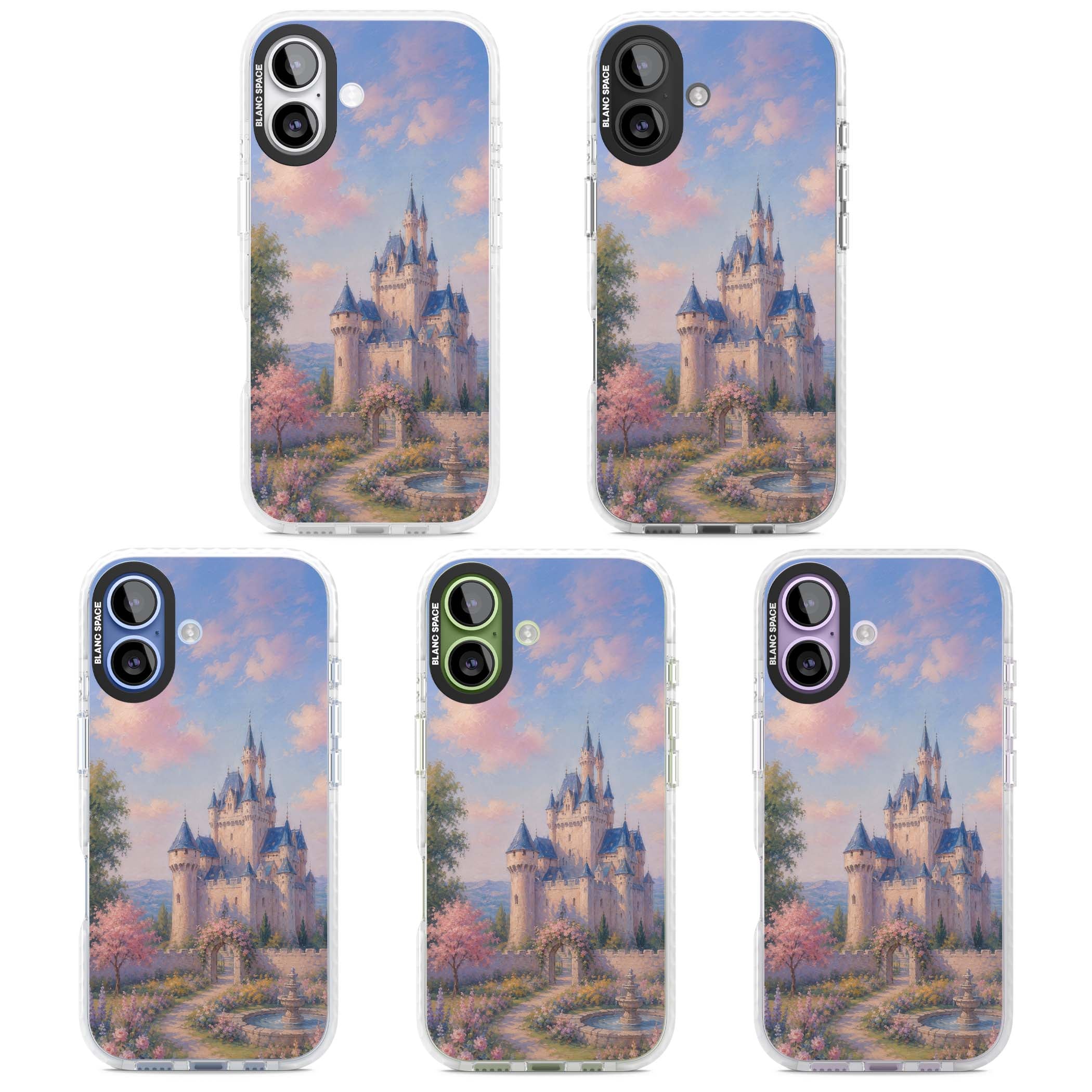 Enchanted Kingdom fairytale iPhone case featuring a romantic castle painting with cherry blossoms and pastel pink sky | Impact Magsafe case for iPhone 17