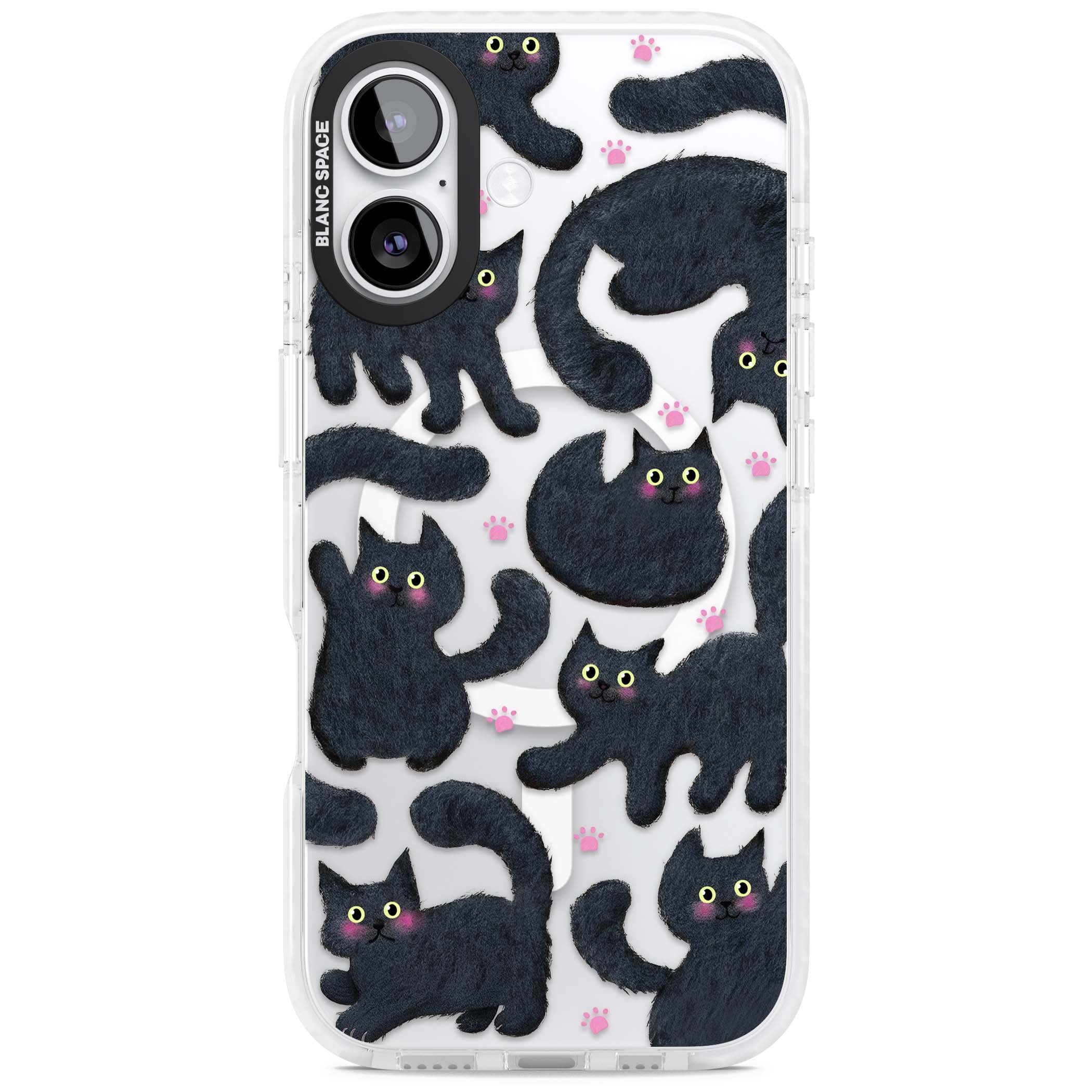 Midnight Cats cute iPhone case featuring black cat pattern with yellow eyes and pink paw prints | Impact Magsafe case for iPhone 17