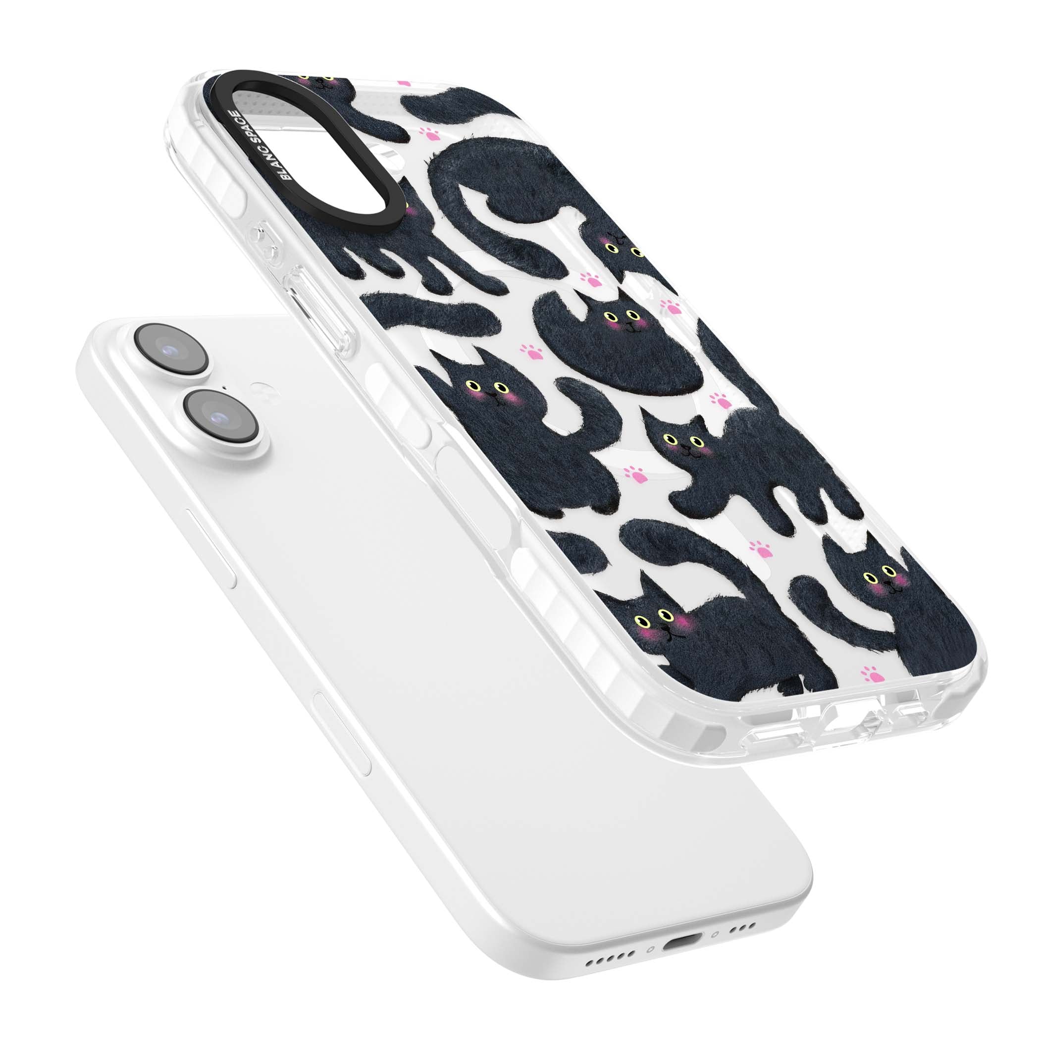 Midnight Cats cute iPhone case featuring black cat pattern with yellow eyes and pink paw prints | Impact Magsafe case for iPhone 17