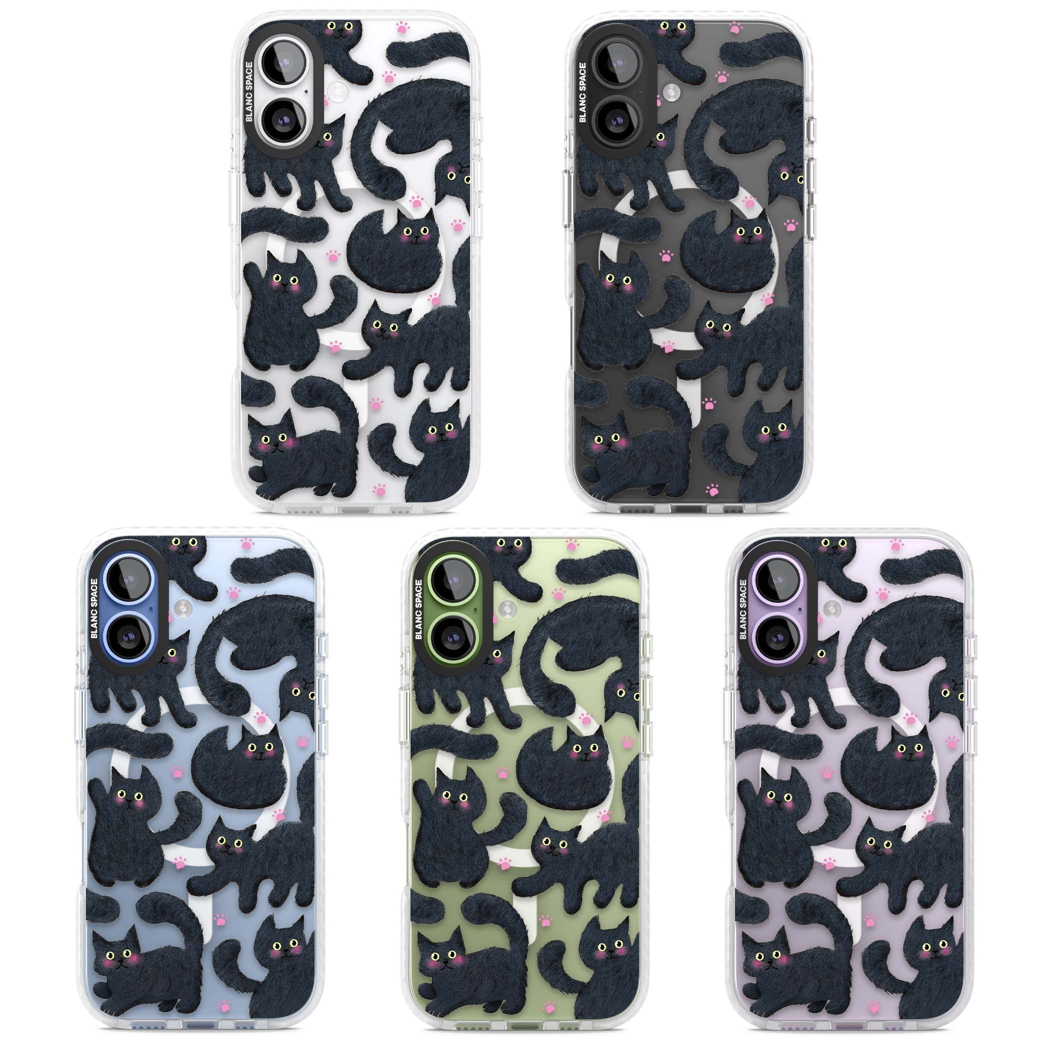 Midnight Cats cute iPhone case featuring black cat pattern with yellow eyes and pink paw prints | Impact Magsafe case for iPhone 17