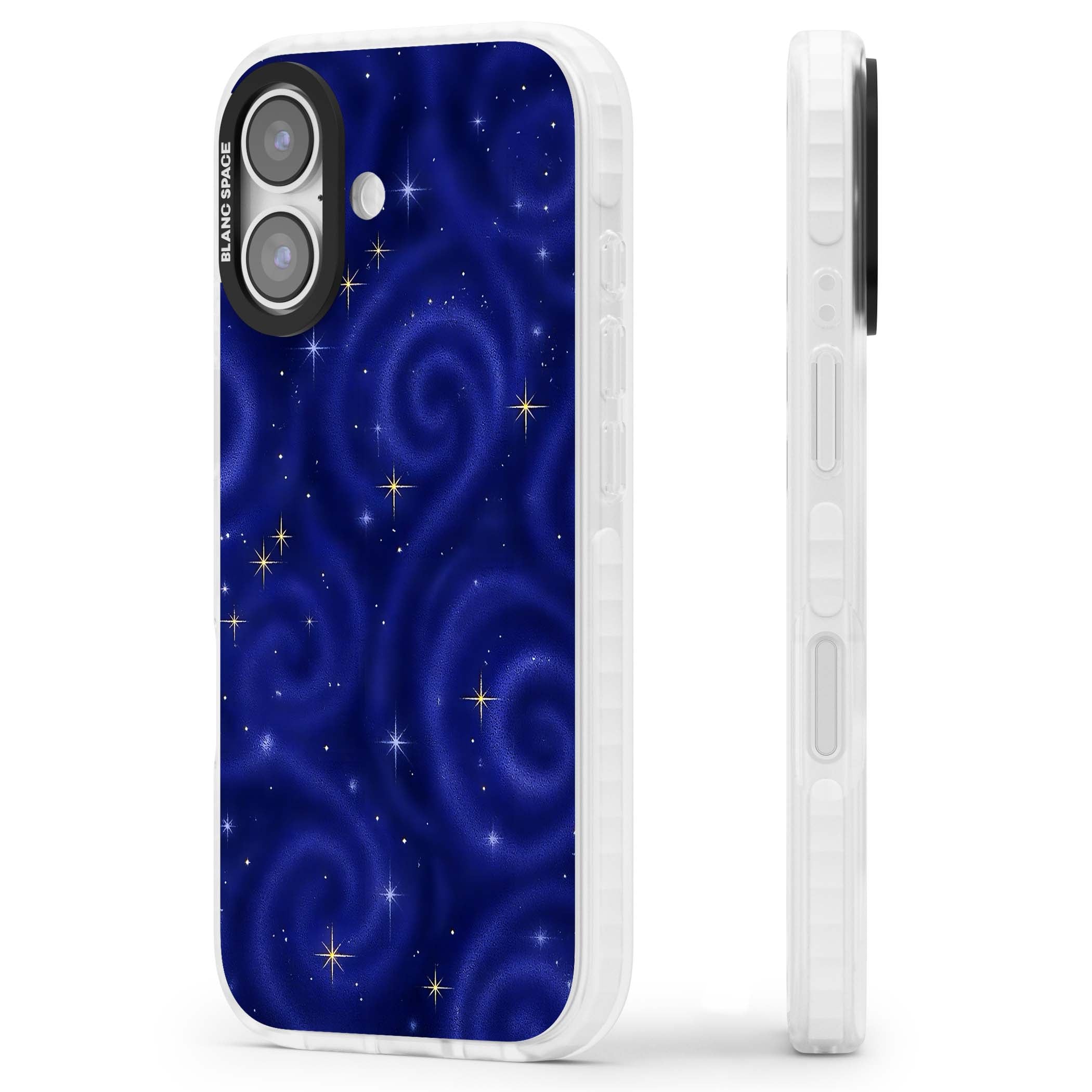 Indigo Cosmos celestial iPhone case featuring swirling navy night sky and sparkling golden stars | Impact Magsafe case for iPhone 17