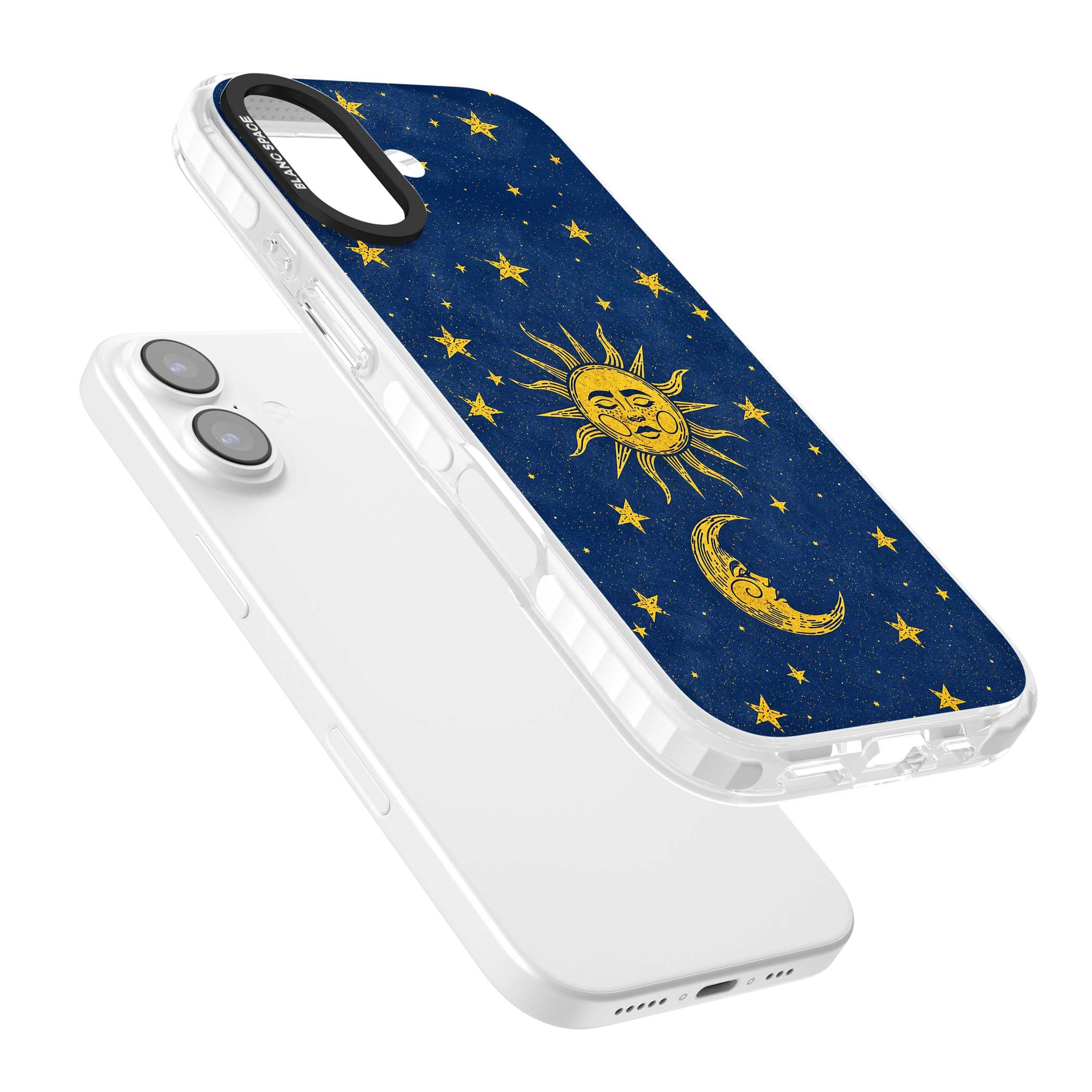 Sun & Moon Reverie celestial iPhone case featuring a vintage golden sun, crescent moon and scattered stars on midnight blue | Impact Magsafe case for iPhone 17