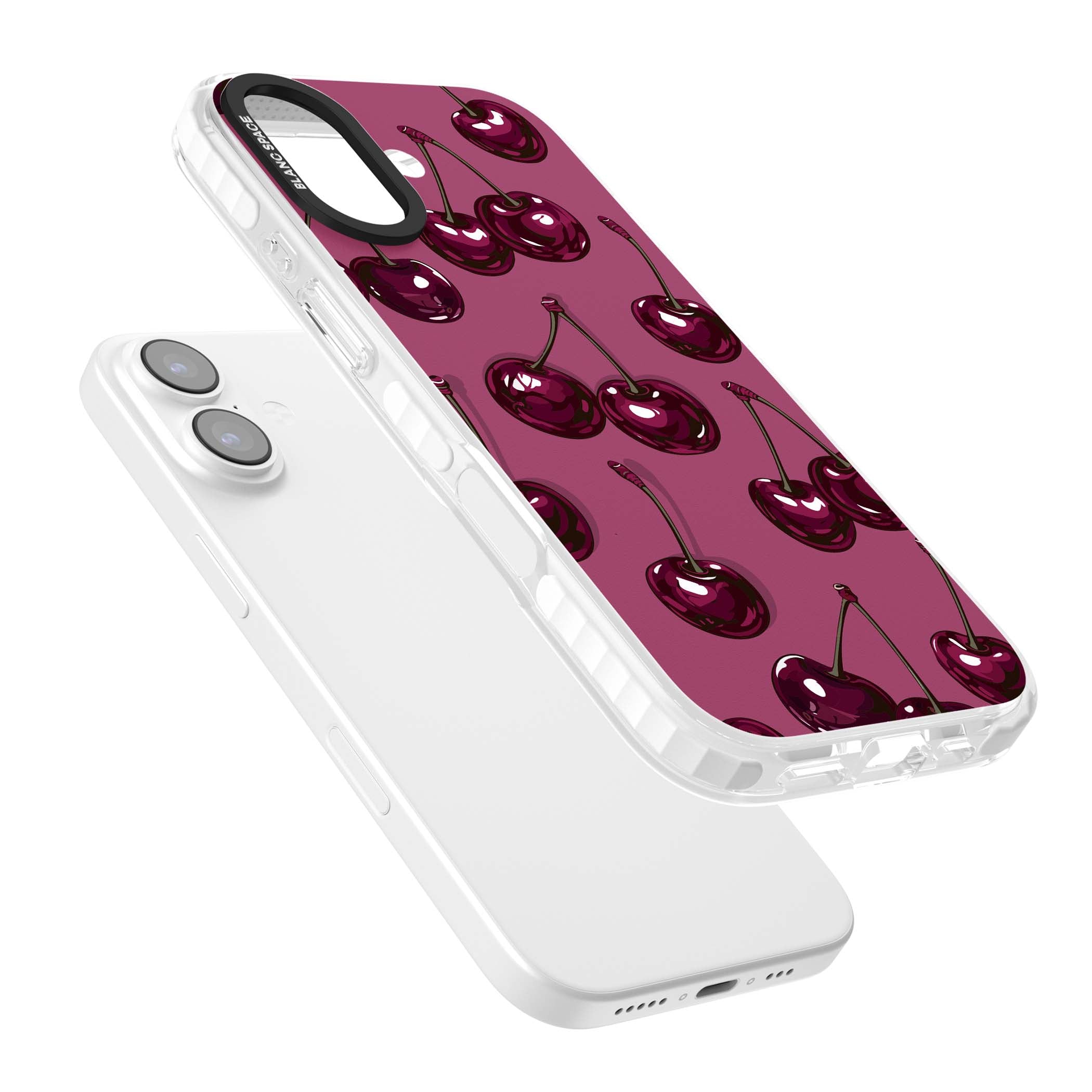 Cherry Soda coquette iPhone case featuring glossy burgundy cherries on a dusty pink background | Impact Magsafe case for iPhone 17