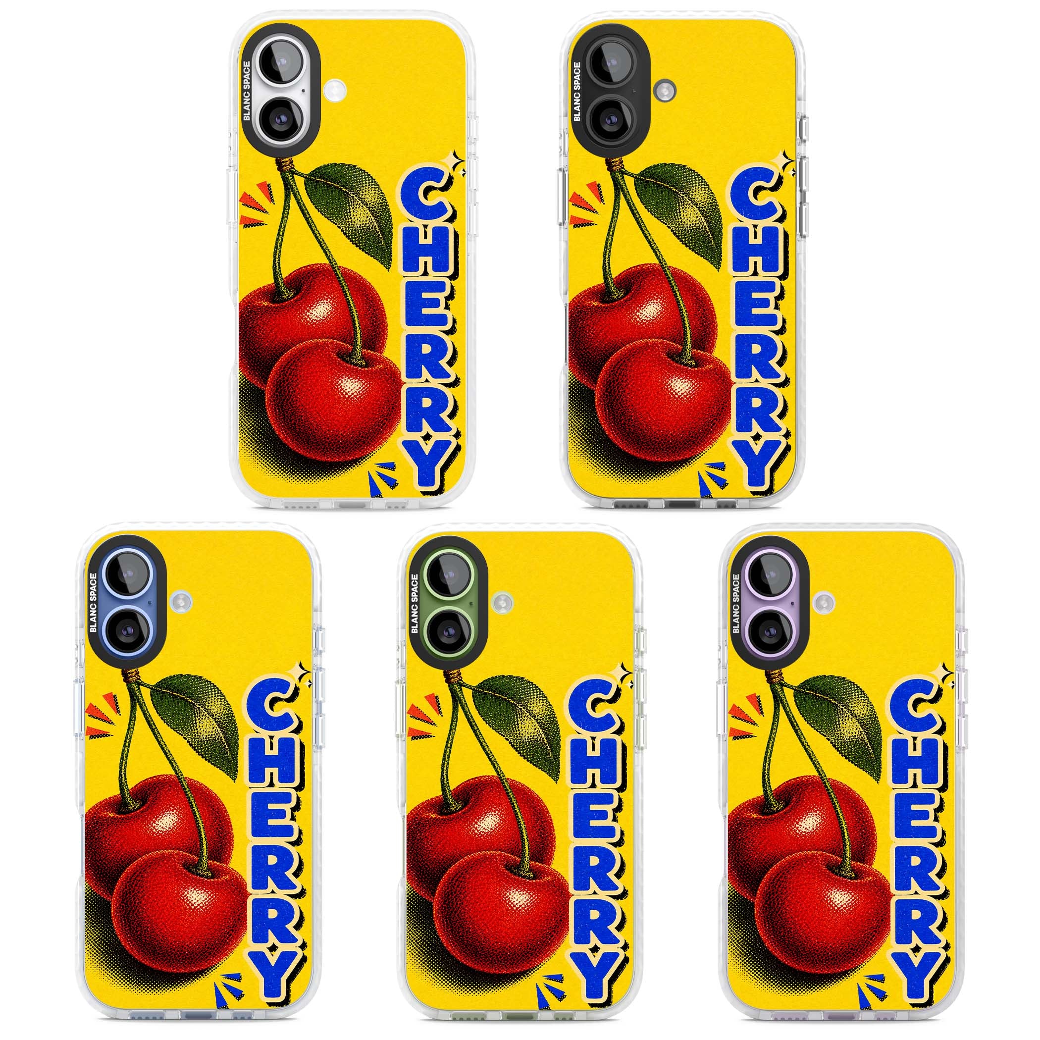 Cherry Yellow y2k iPhone case featuring two red cherries, halftone shading and bold blue CHERRY lettering on yellow | Impact Magsafe case for iPhone 17