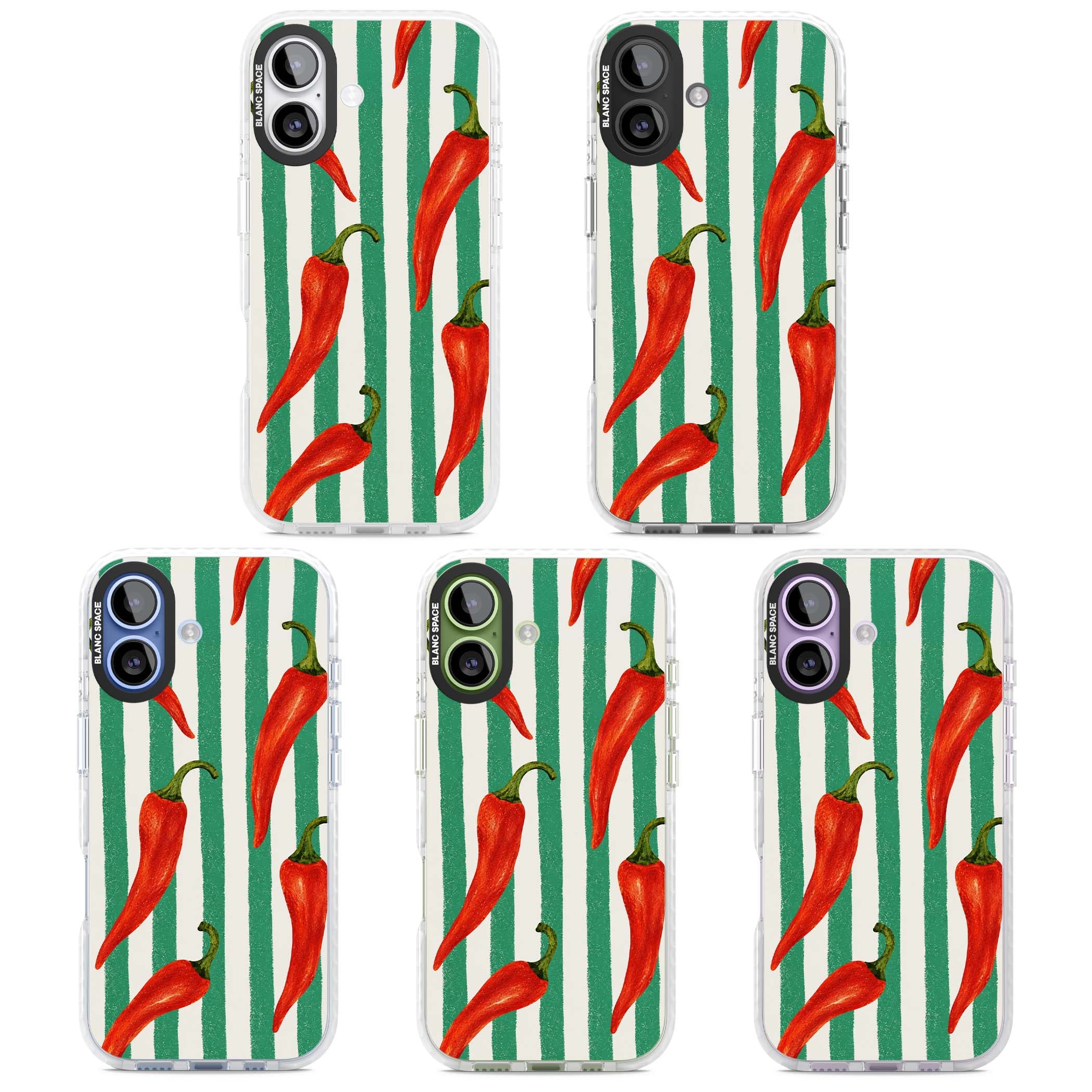 Striped Chillis coastal iPhone case featuring hand-painted red chili peppers on green and cream stripes | Impact Magsafe case for iPhone 17