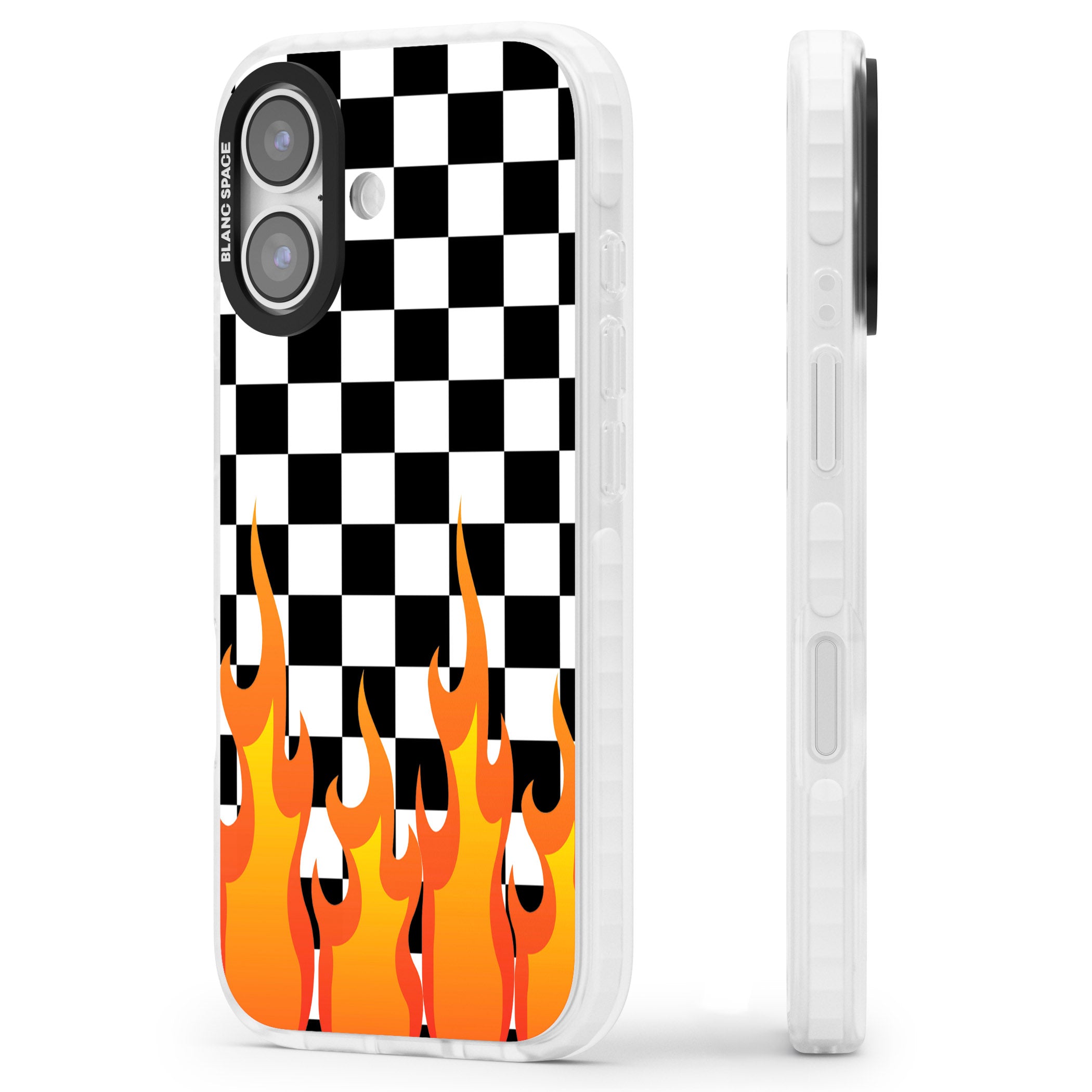 Checkered Fire iPhone 17 Impact Pro Clear Phone Case Side Profile