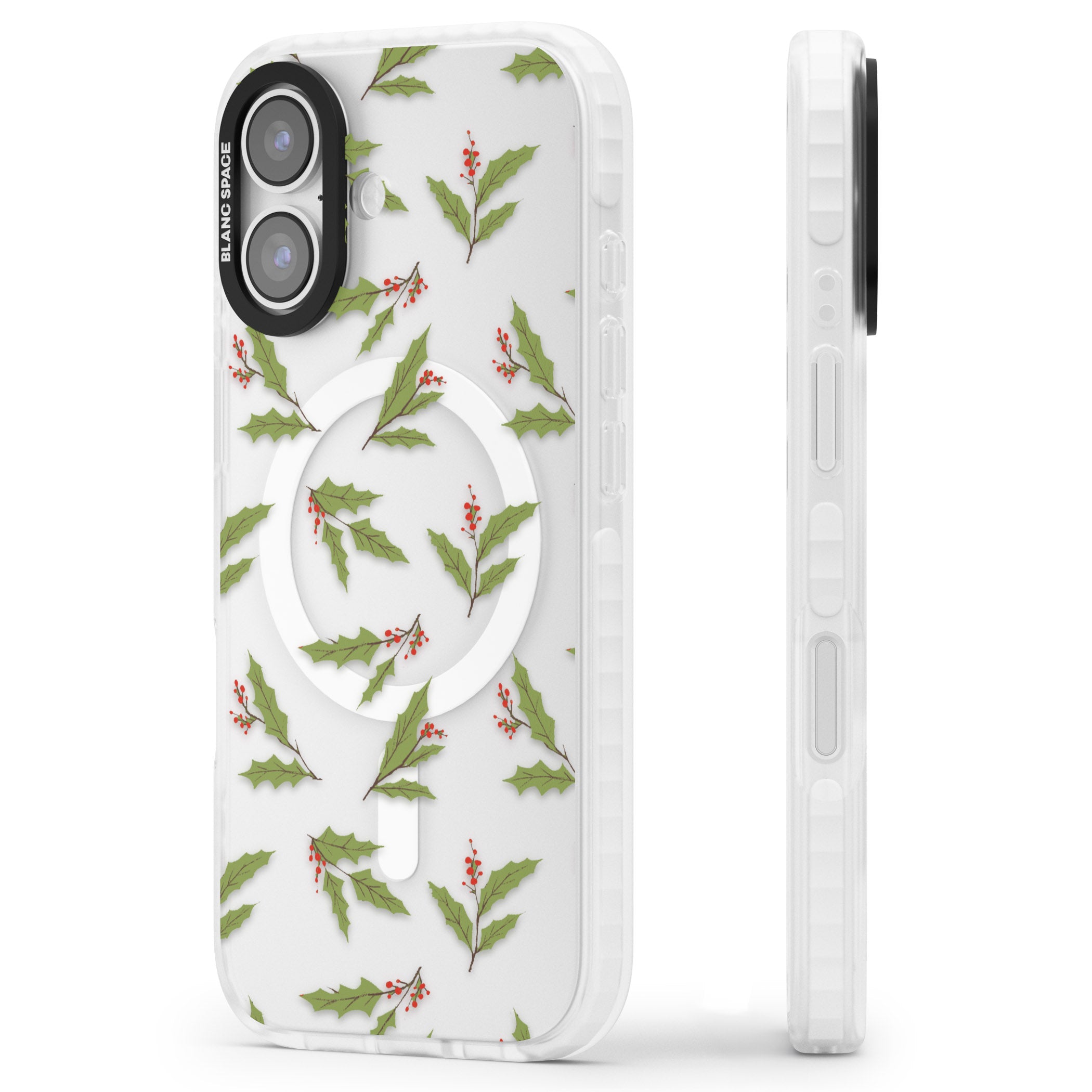 Christmas Holly Pattern iPhone 17 Impact Pro Clear Phone Case Side Profile