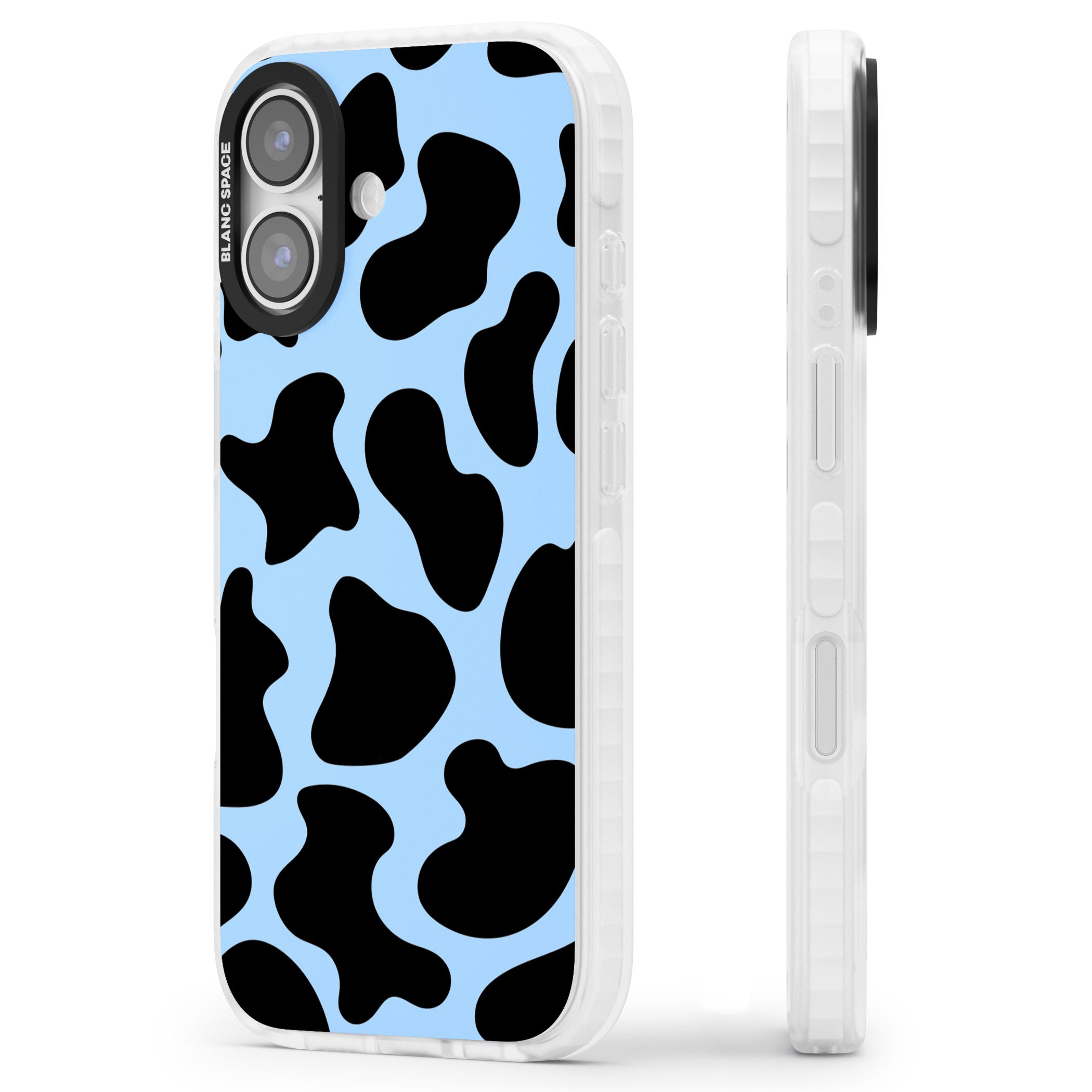 Blue And Black Cow Print iPhone 17 Impact Pro Clear Phone Case Side Profile