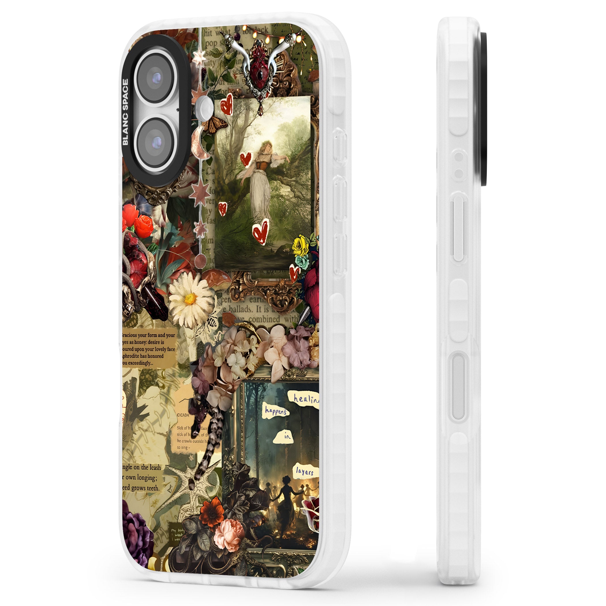 Textbook Romance Collage iPhone 17 Impact Pro Clear Phone Case Side Profile