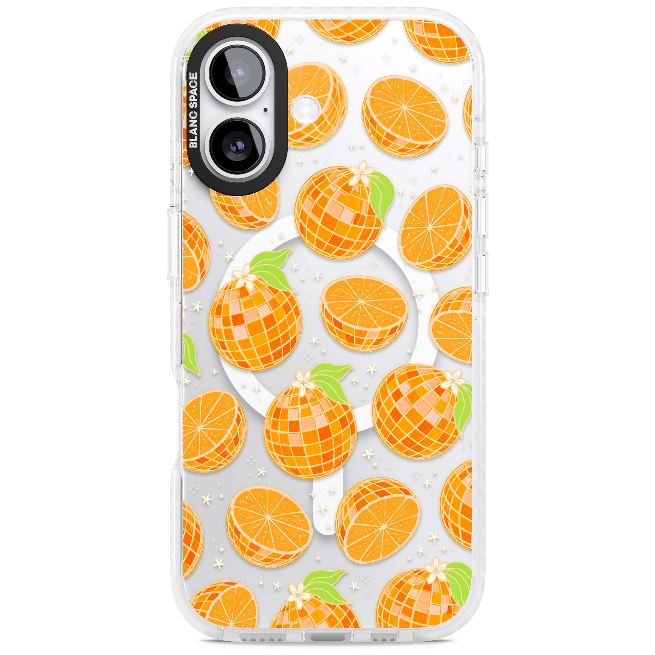 Disco Oranges retro iPhone case featuring mirrorball oranges, citrus slices and tiny blossoms on clear | Impact Magsafe case for iPhone 17