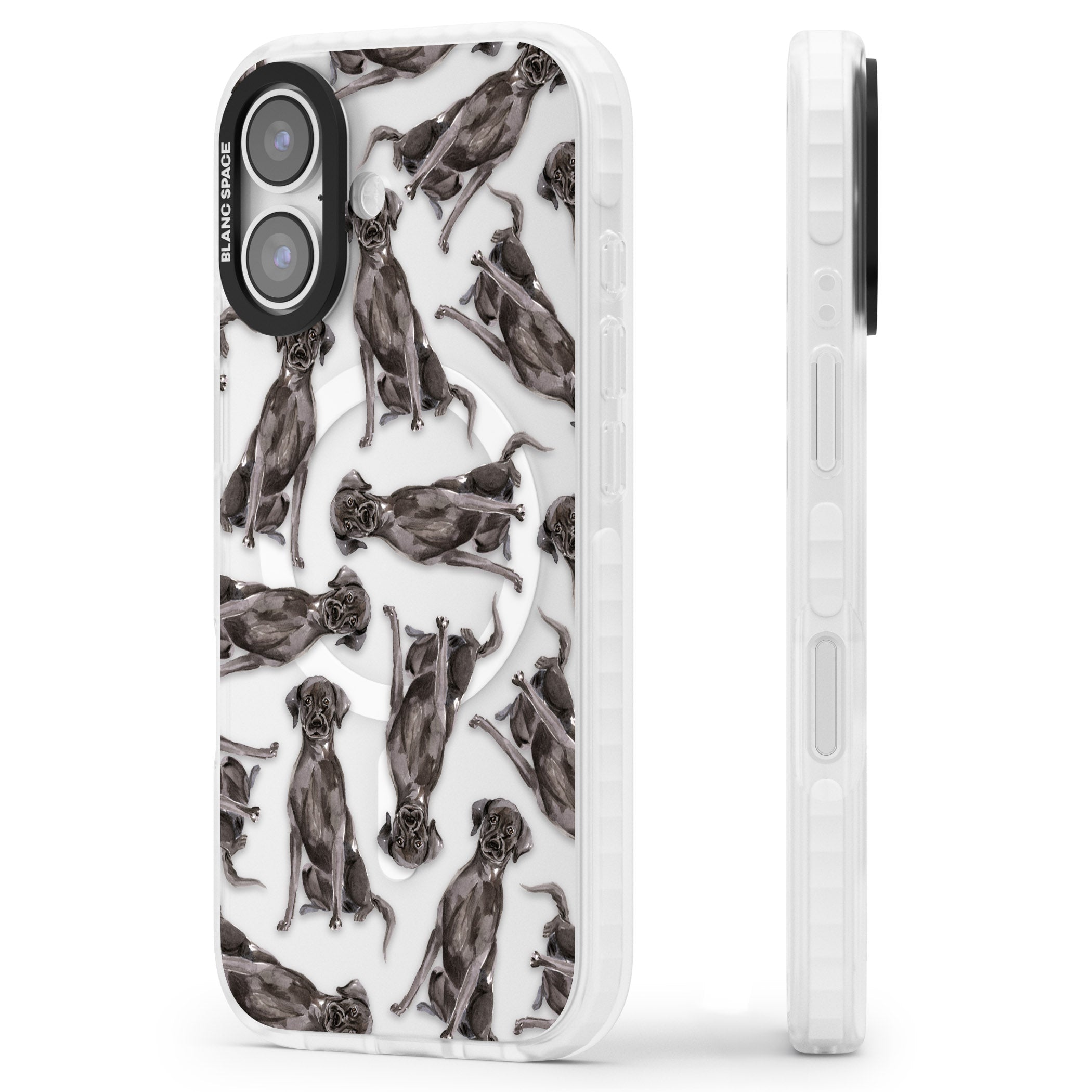 Black Labrador Watercolor Pattern iPhone 17 Impact Pro Clear Phone Case Side Profile