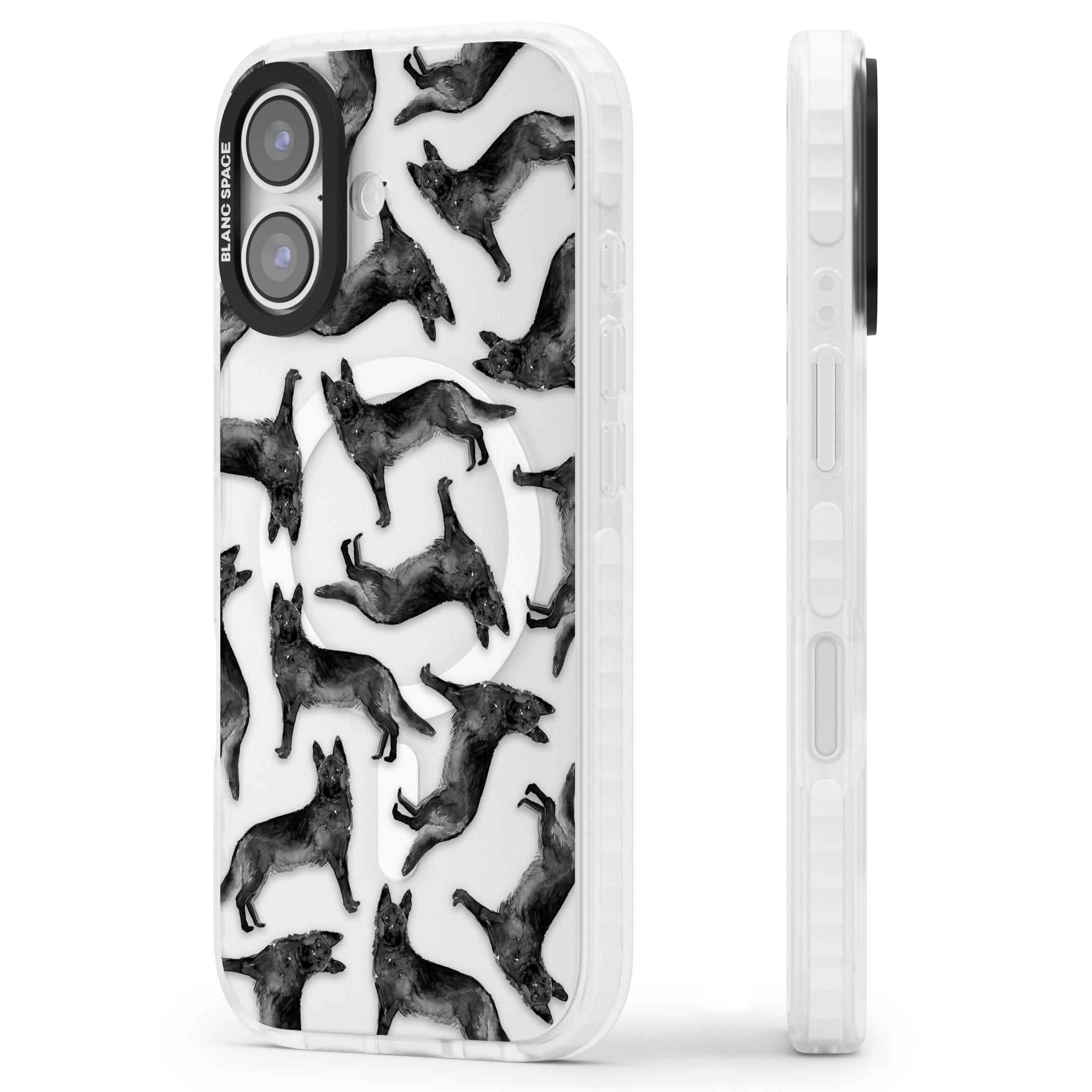 German Shepherd Pattern Black iPhone 17 Impact Pro Clear Phone Case Side Profile