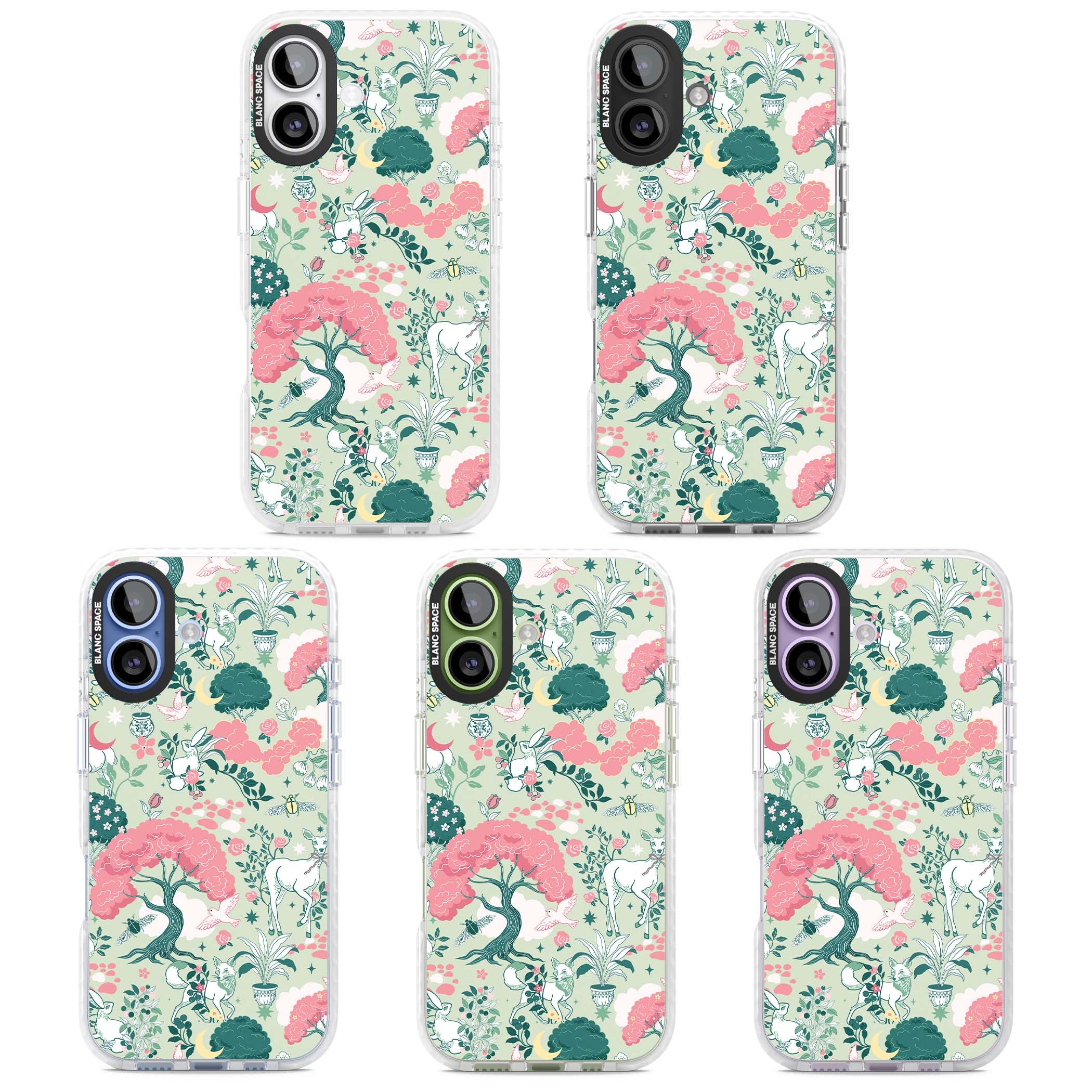Enchanted Woodland cottagecore iPhone case featuring white deer, pink roses, mushrooms and woodland animals on sage green | Impact Magsafe case for iPhone 17