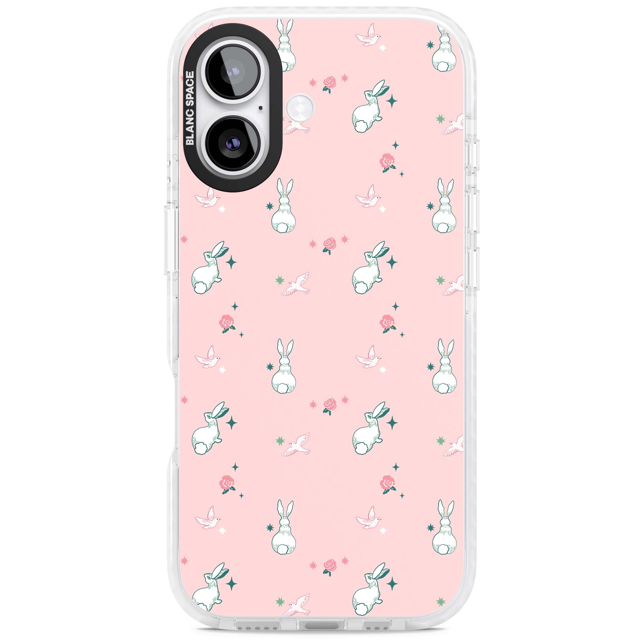 Bunny Garden kawaii iPhone case featuring white rabbits, pink roses, doves and stars on pink background | Impact Magsafe case for iPhone 17