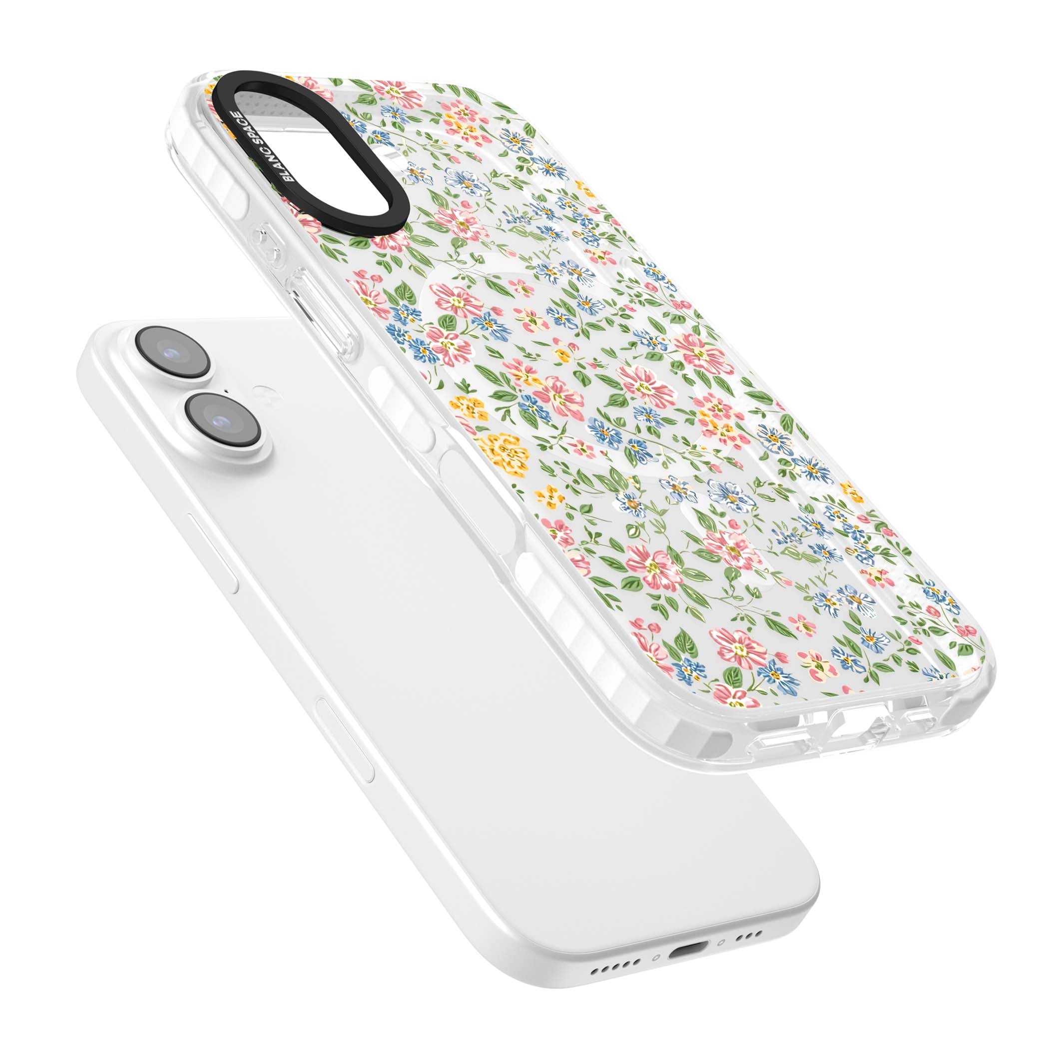 Soft Meadow cottagecore iPhone case featuring pink cosmos, blue forget-me-nots, yellow buttercups and green leaves sca | Impact Magsafe case for iPhone 17
