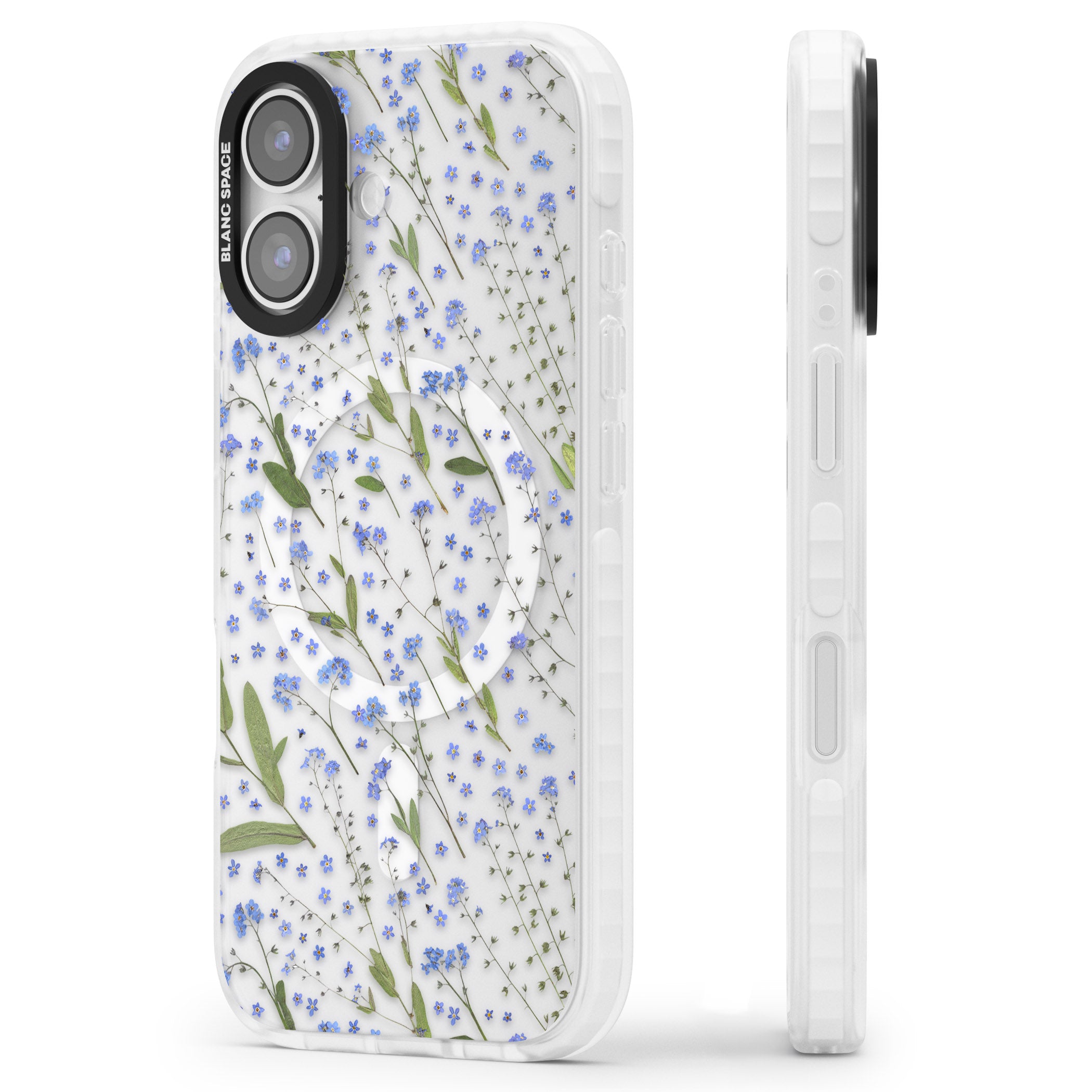 Blue Meadow Floral iPhone 17 Impact Pro Clear Phone Case Side Profile