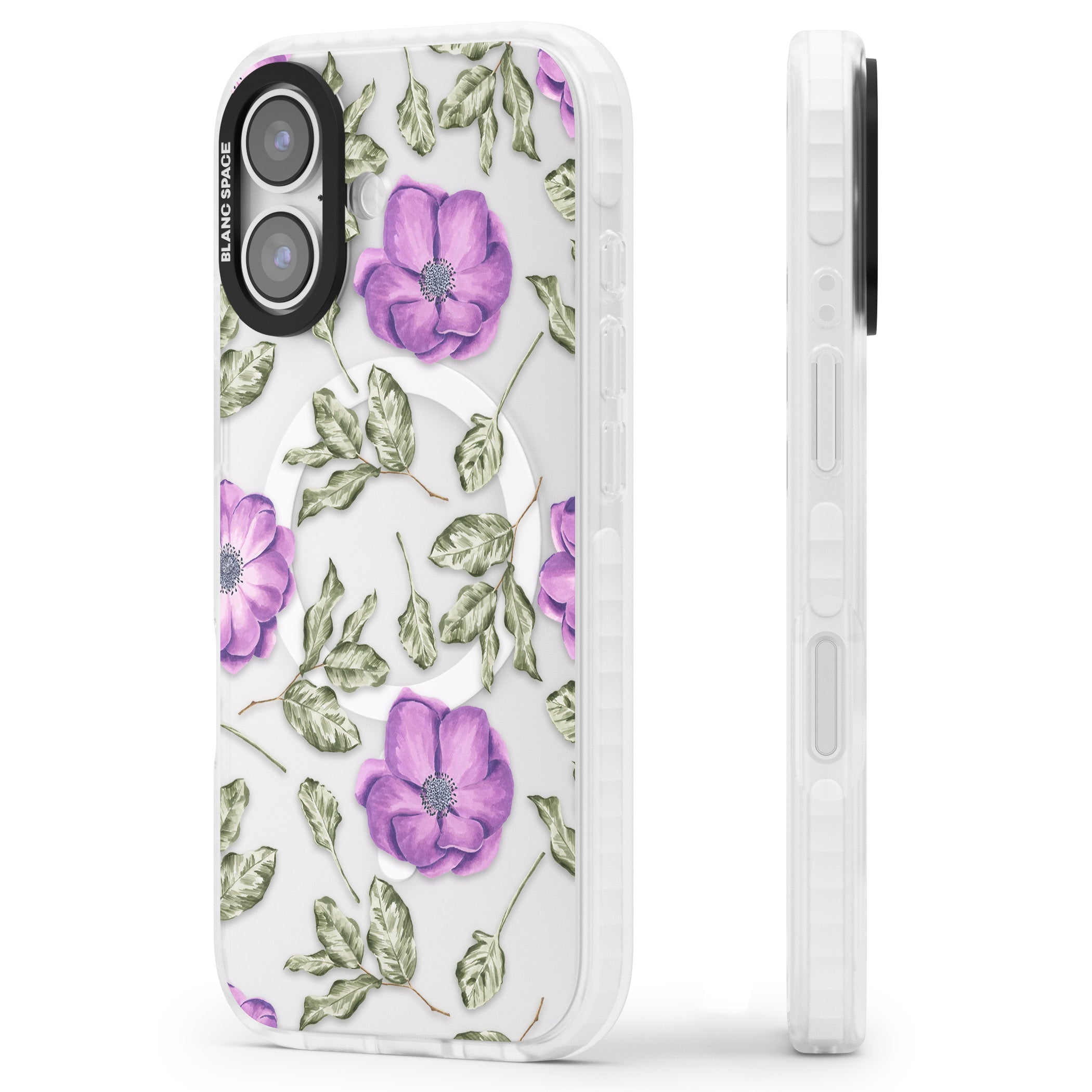 Purple Bloom Floral iPhone 17 Impact Pro Clear Phone Case Side Profile
