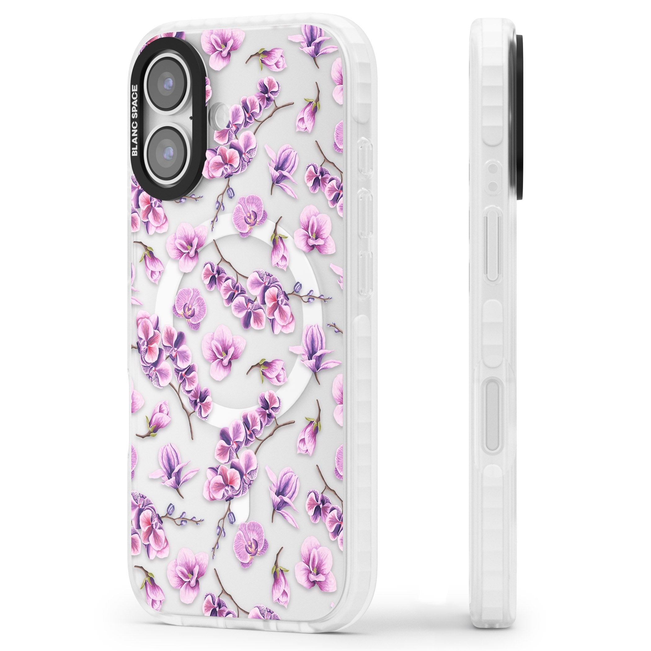 Purple Orchids Floral iPhone 17 Impact Pro Clear Phone Case Side Profile