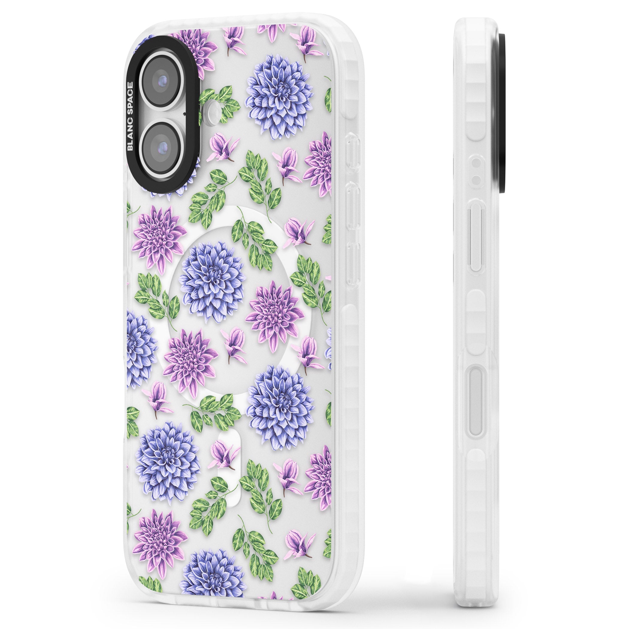 Purple Dahlias Floral iPhone 17 Impact Pro Clear Phone Case Side Profile