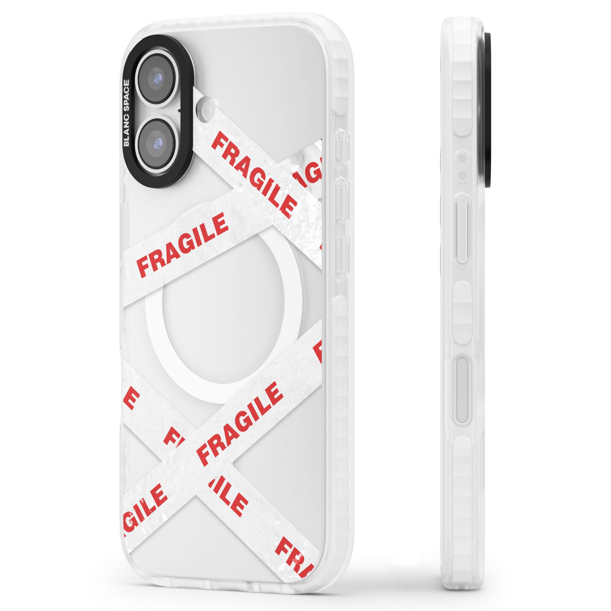 Fragile Tape iPhone 17 Impact Pro Clear Phone Case Side Profile