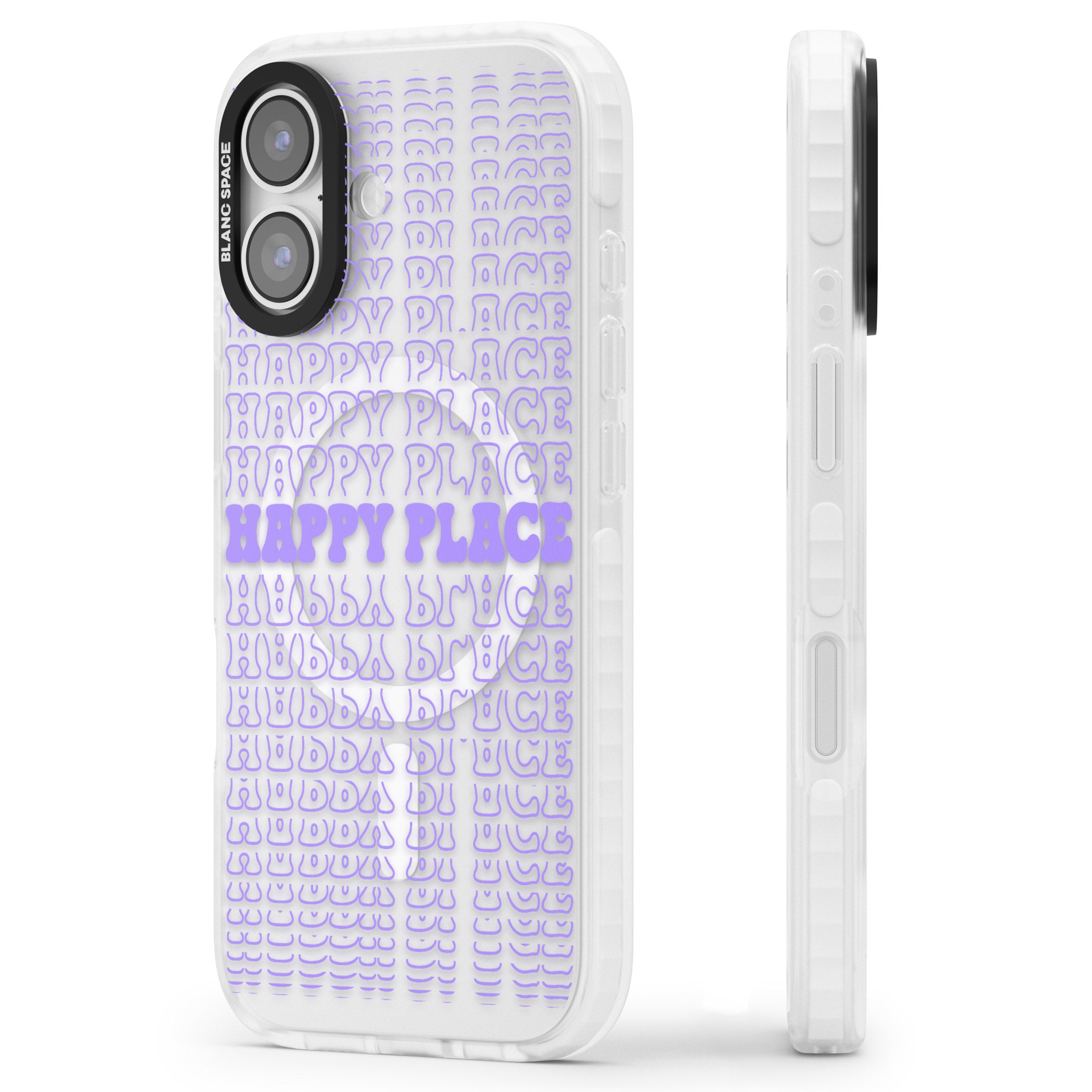 Happy Place (Purple) iPhone 17 Impact Pro Clear Phone Case Side Profile