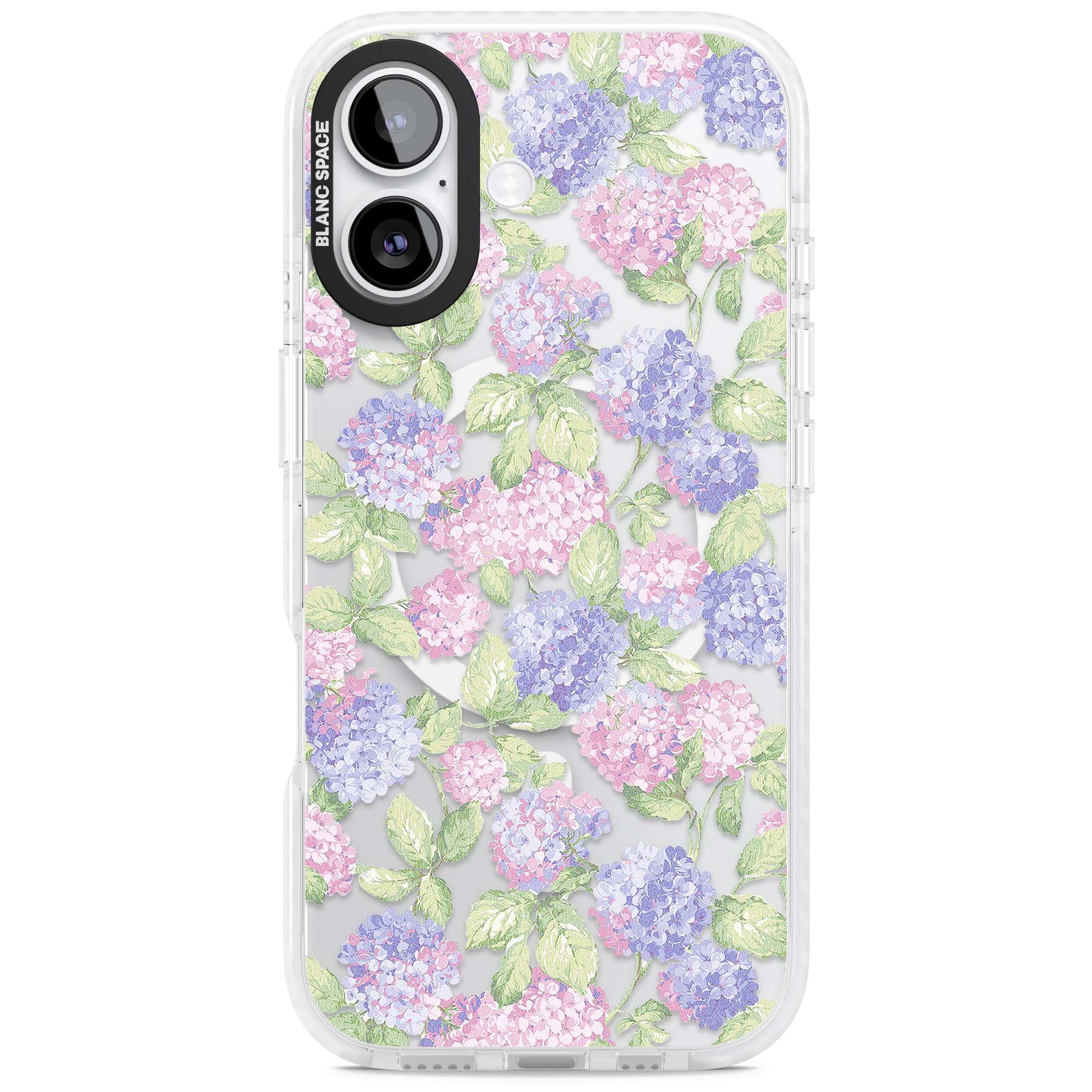 Cottage Hydrangea cottagecore iPhone case featuring pink and purple hydrangea blooms with green leaves on a clear background | Impact Magsafe case for iPhone 17