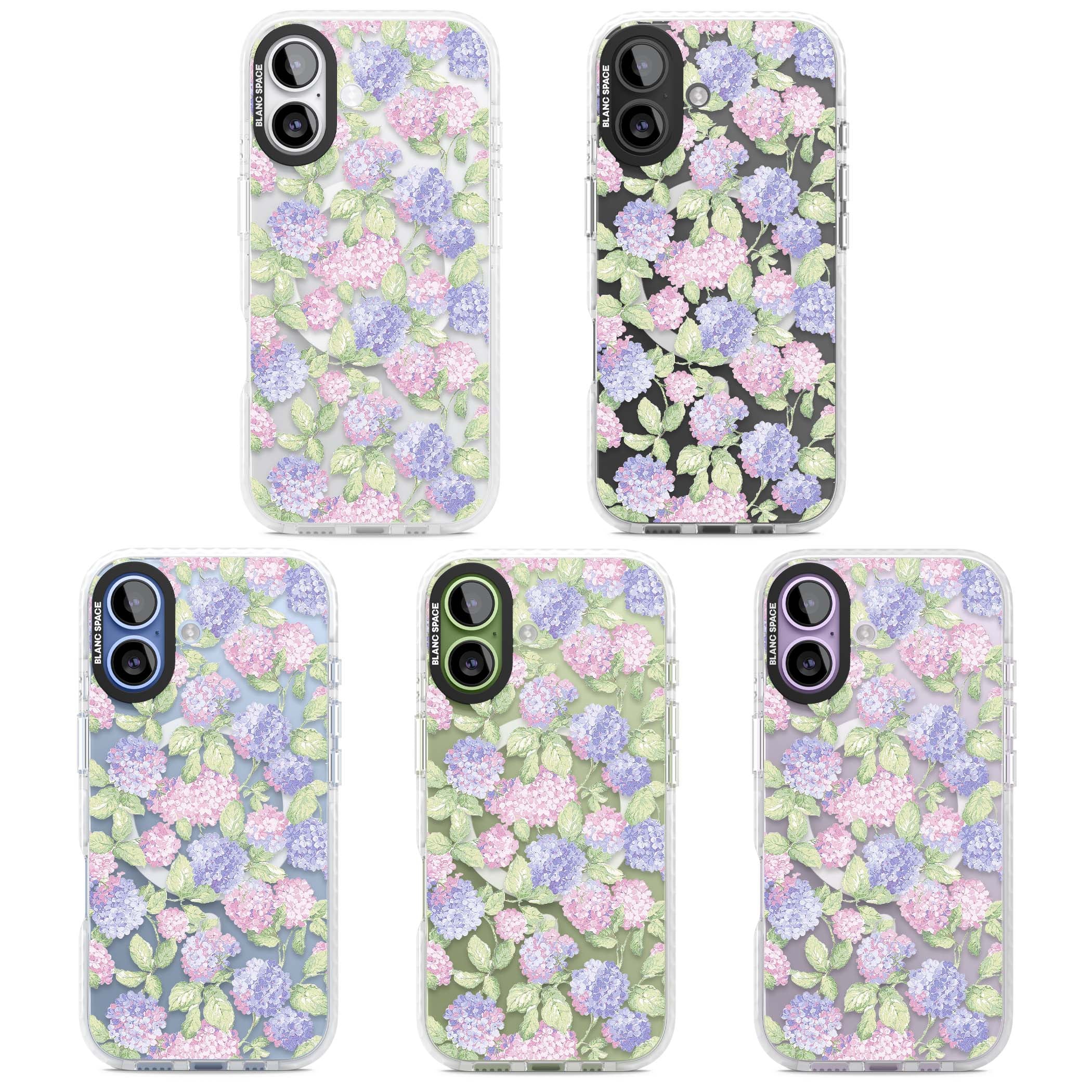 Cottage Hydrangea cottagecore iPhone case featuring pink and purple hydrangea blooms with green leaves on a clear background | Impact Magsafe case for iPhone 17