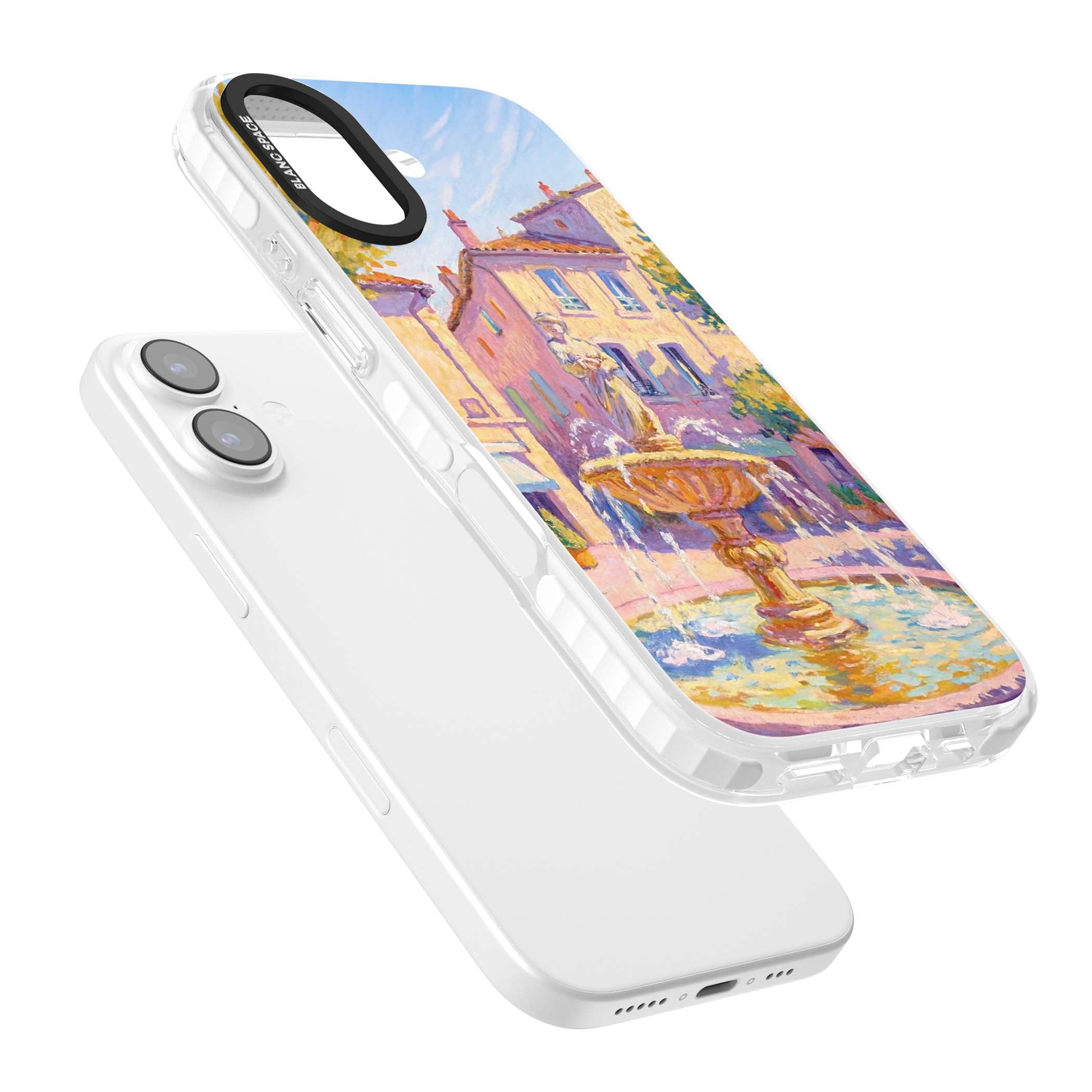 Fountain Square fine art iPhone case featuring an impressionist Provençal fountain, pastel village buildings and summe | Impact Magsafe case for iPhone 17