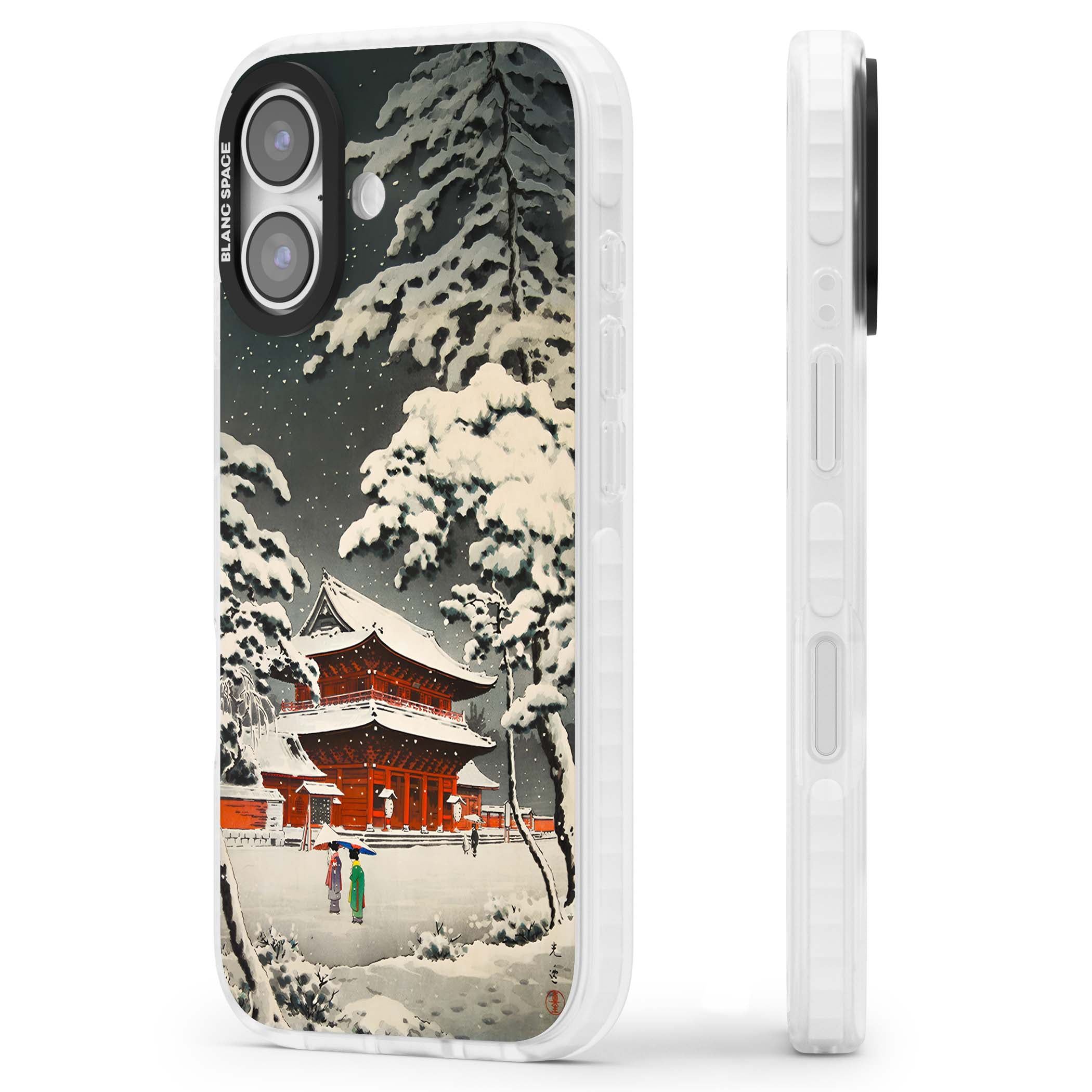 Snow at Shiha Park, Tokyo Japanese art iPhone case featuring a vintage ukiyo-e snowy temple, red pagoda, and snow-covered pin | Impact Magsafe case for iPhone 17