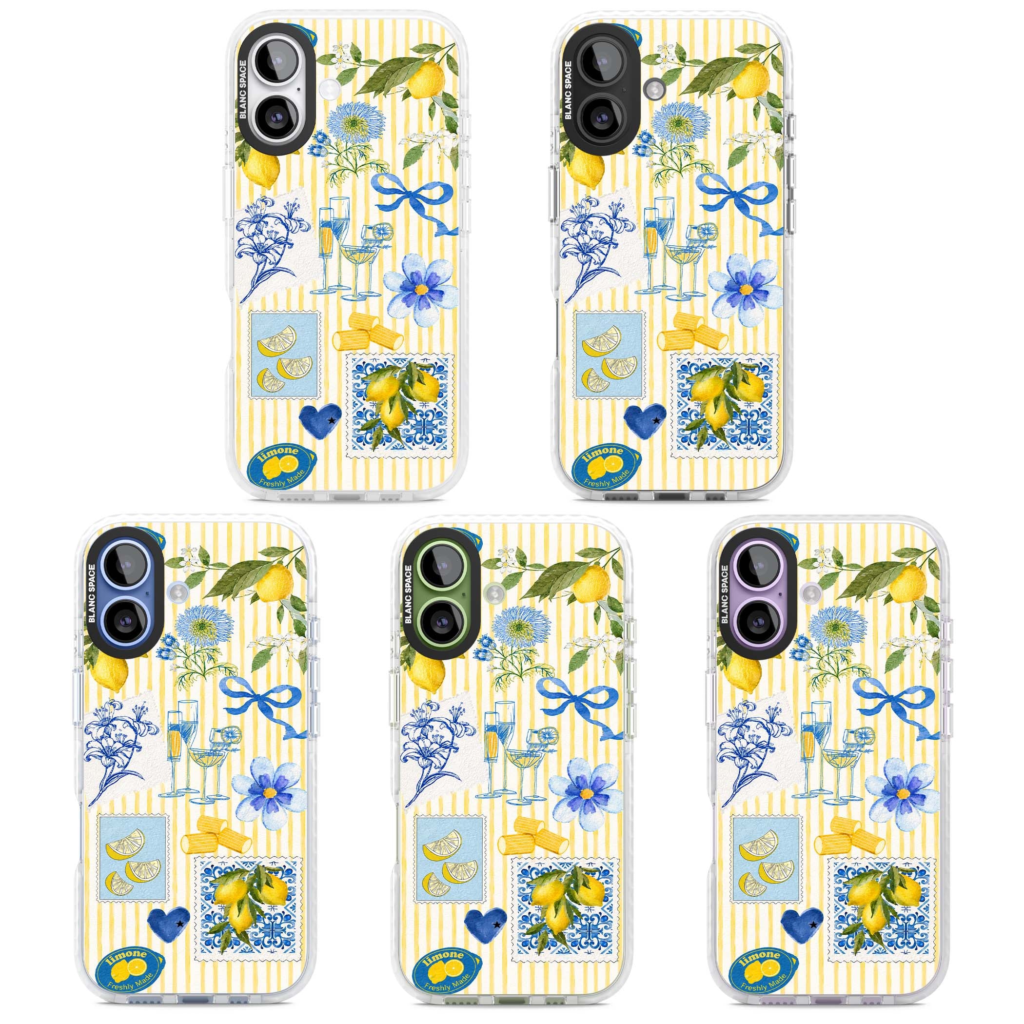 Limone Riviera Italian summer iPhone case featuring watercolour lemons, blue ribbon bows and majolica tile stamps on... | Impact Magsafe case for iPhone 17