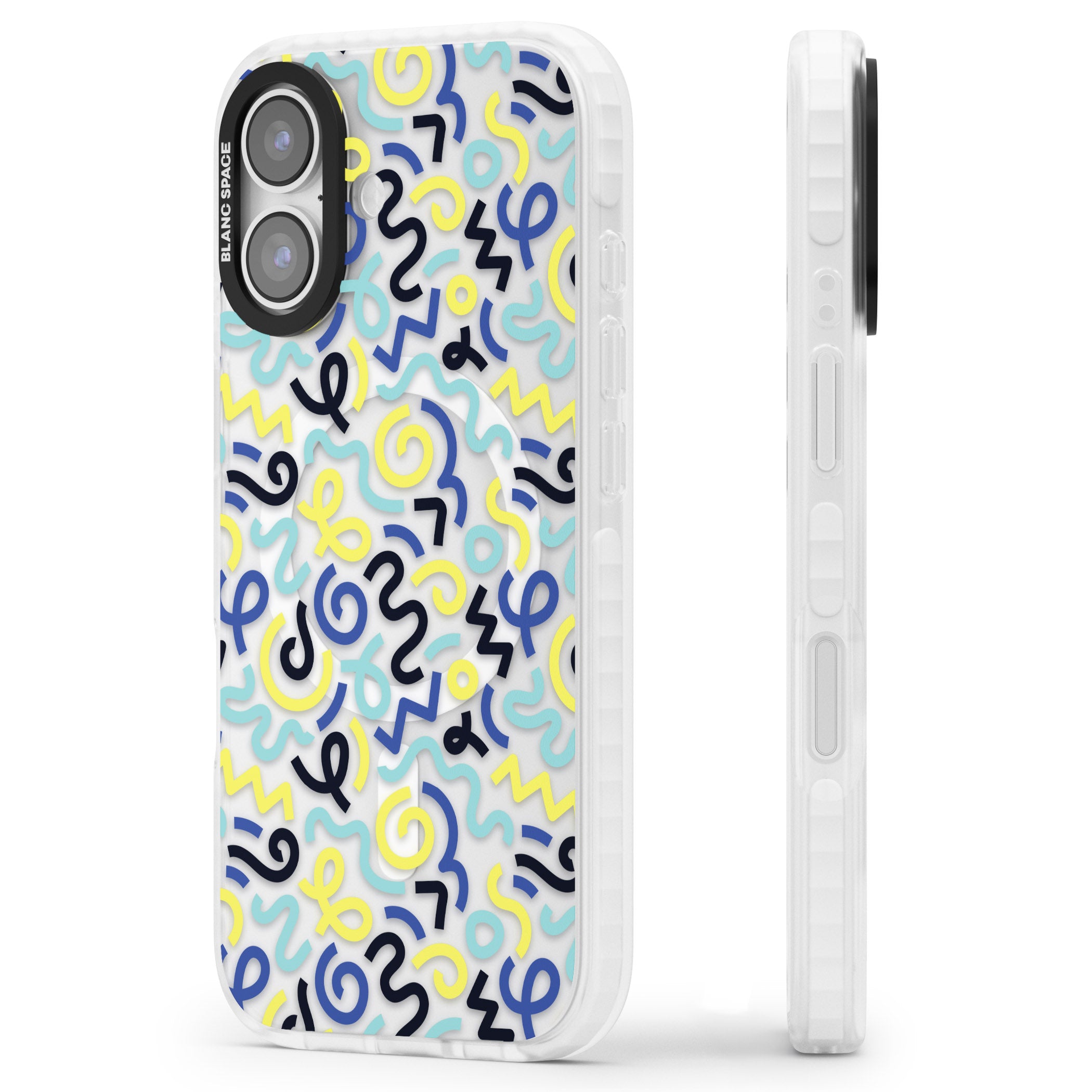 Blue & Yellow Memphis Retro iPhone 17 Impact Pro Clear Phone Case Side Profile