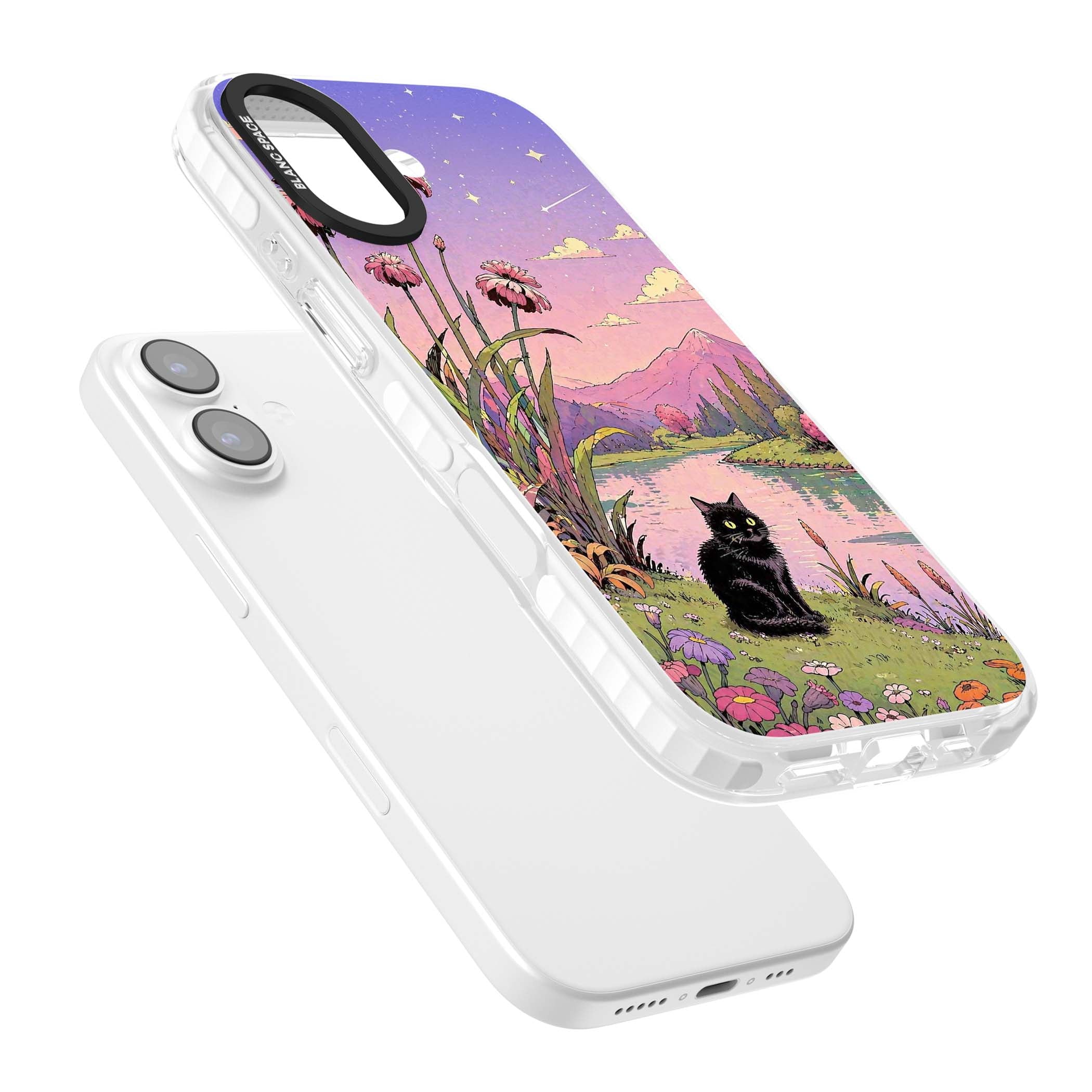 Mystic Whiskers ghibli iPhone case featuring a black cat by a pastel lake, wildflowers and a starry sunset sky | Impact Magsafe case for iPhone 17