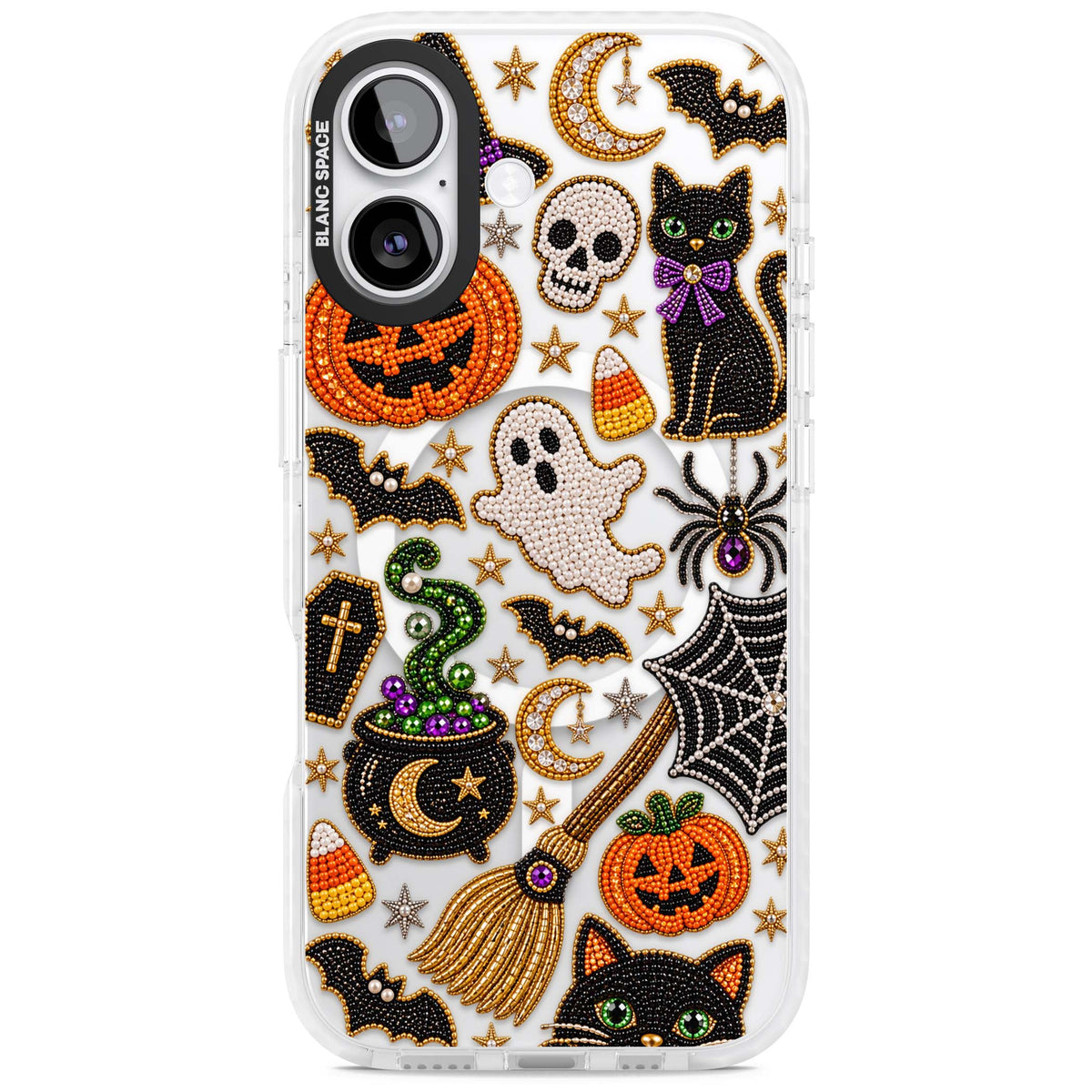 Beaded Halloween Halloween iPhone case featuring beaded pumpkins, ghosts, black cats and bats | Impact Magsafe case for iPhone 17
