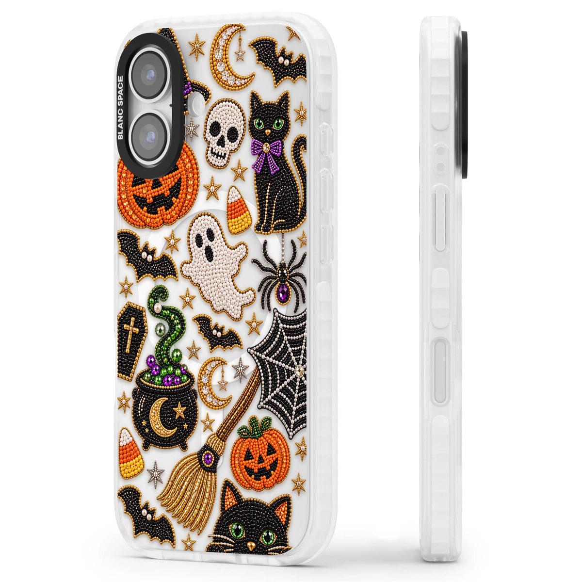 Beaded Halloween Halloween iPhone case featuring beaded pumpkins, ghosts, black cats and bats | Impact Magsafe case for iPhone 17