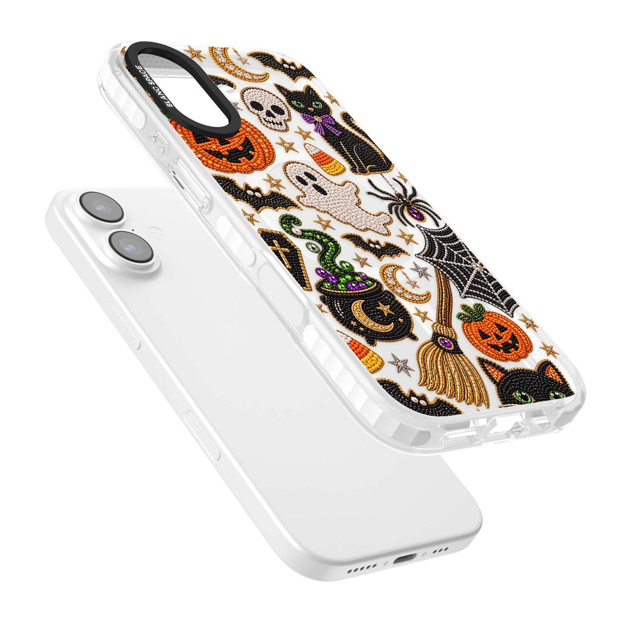 Beaded Halloween Halloween iPhone case featuring beaded pumpkins, ghosts, black cats and bats | Impact Magsafe case for iPhone 17