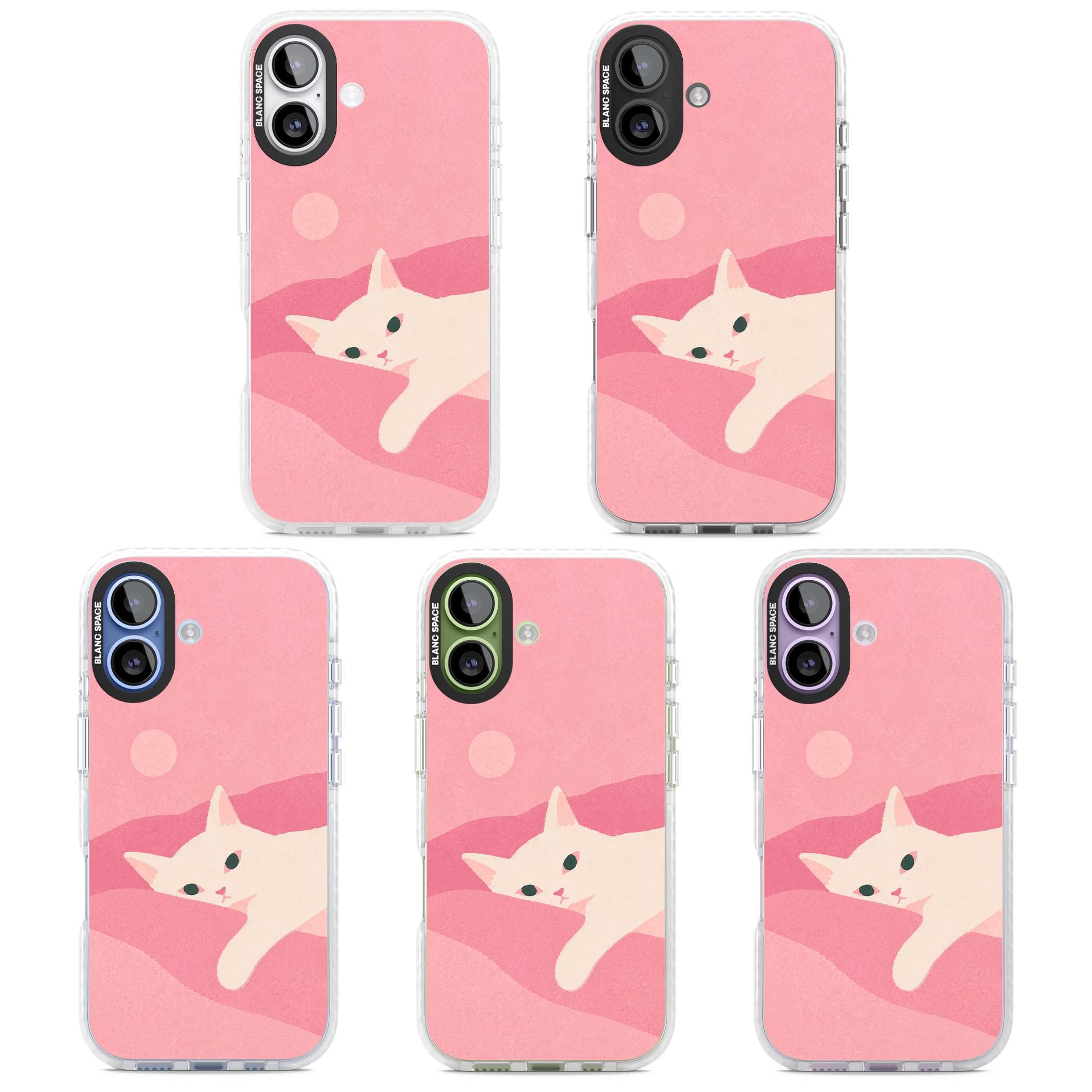 Pink Dreams cute cat iPhone case featuring a white kitten, soft pink hills and a pale pastel sun | Impact Magsafe case for iPhone 17