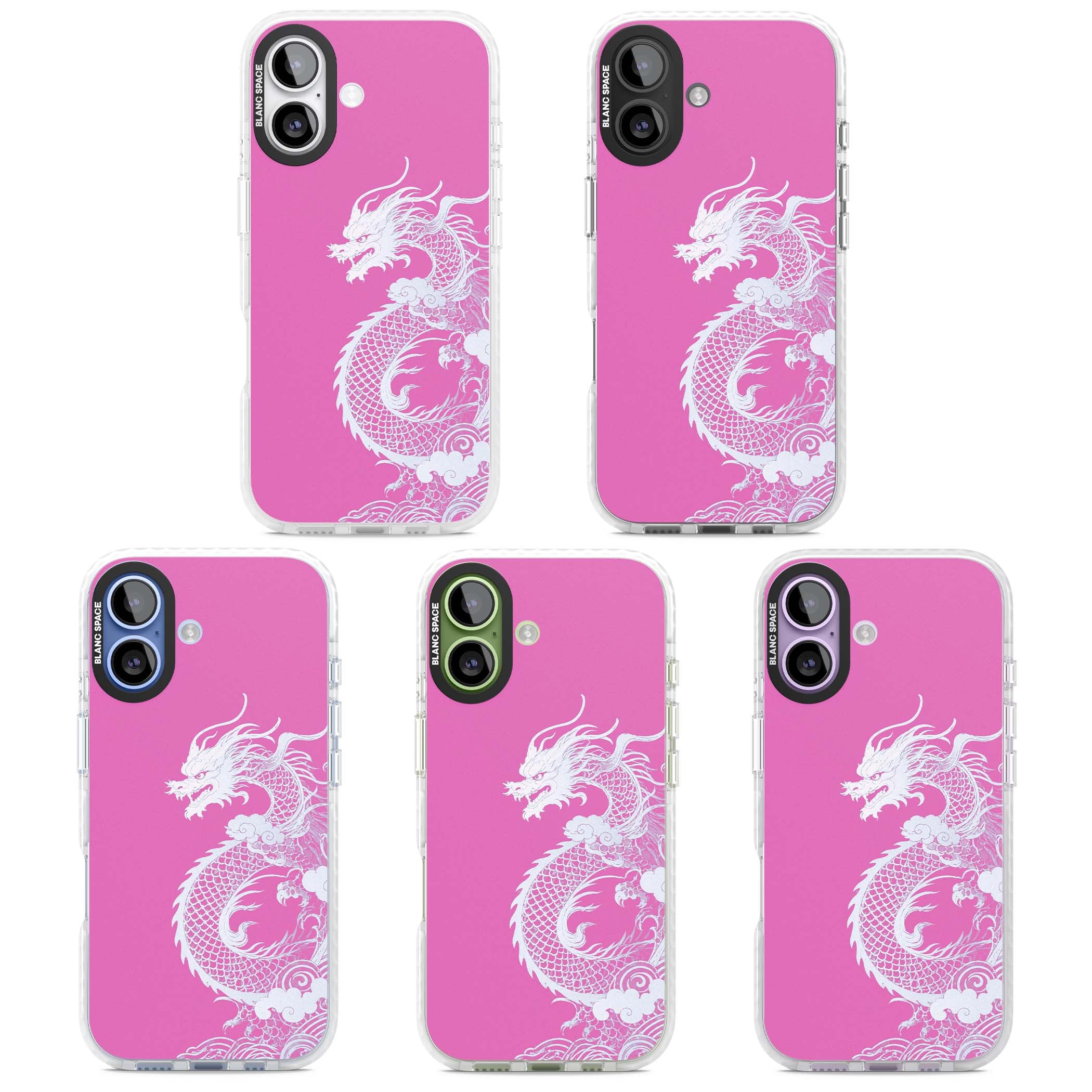Pink Empress chinese dragon iPhone case featuring a white dragon, swirling clouds and pink dragon wallpaper backdrop | Impact Magsafe case for iPhone 17
