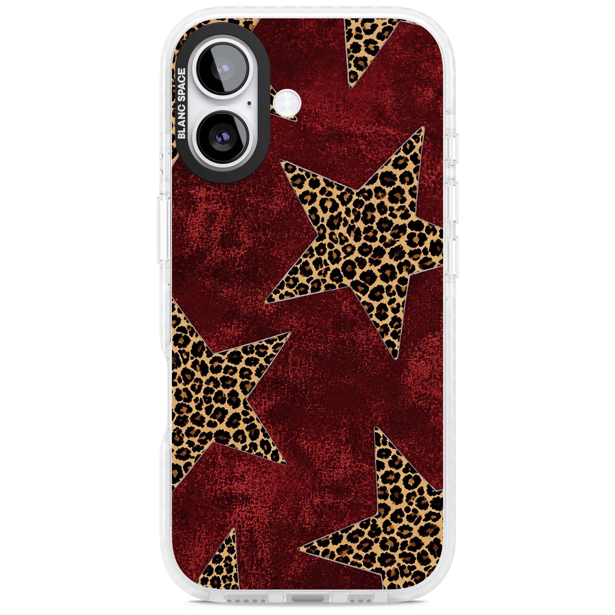 Showgirl leopard print iPhone case featuring cheetah print stars on distressed red grunge background | Impact Magsafe case for iPhone 17