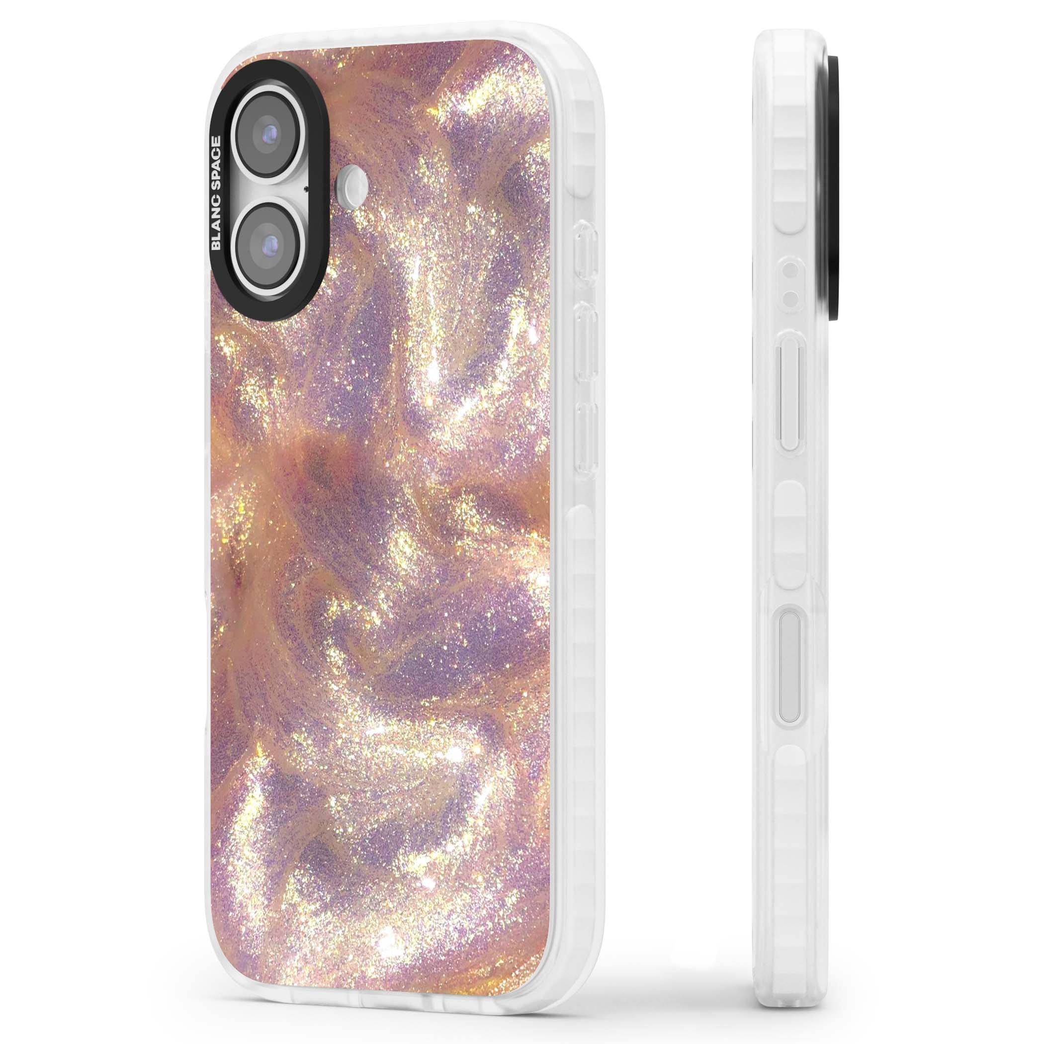 Shimmer marble iPhone case featuring rose gold glitter swirls, lilac shimmer and iridescent pearl finish | Impact Magsafe case for iPhone 17