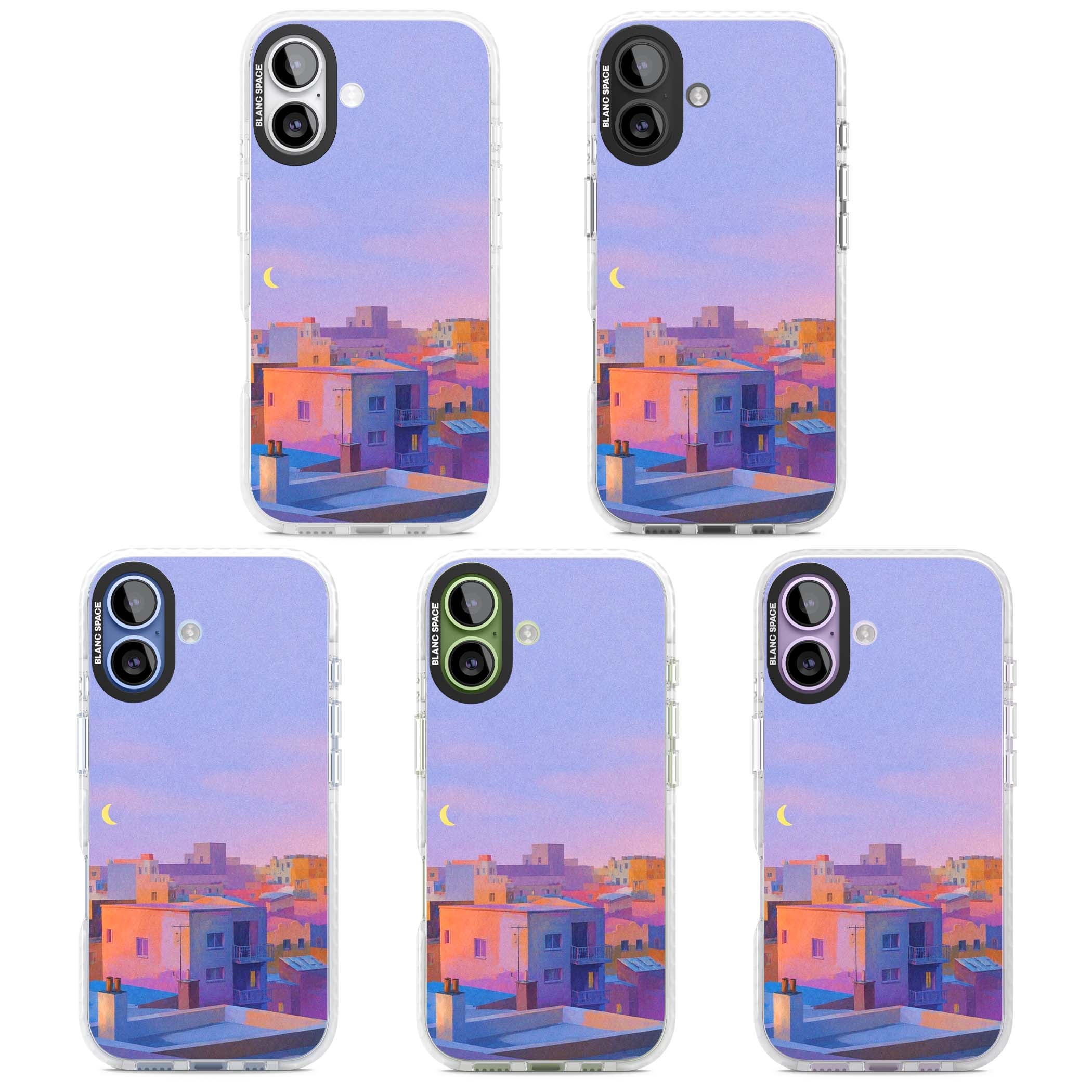 Twilight Rooftops vaporwave iPhone case featuring a pastel sunset cityscape, painted rooftops and a crescent moon. | Impact Magsafe case for iPhone 17