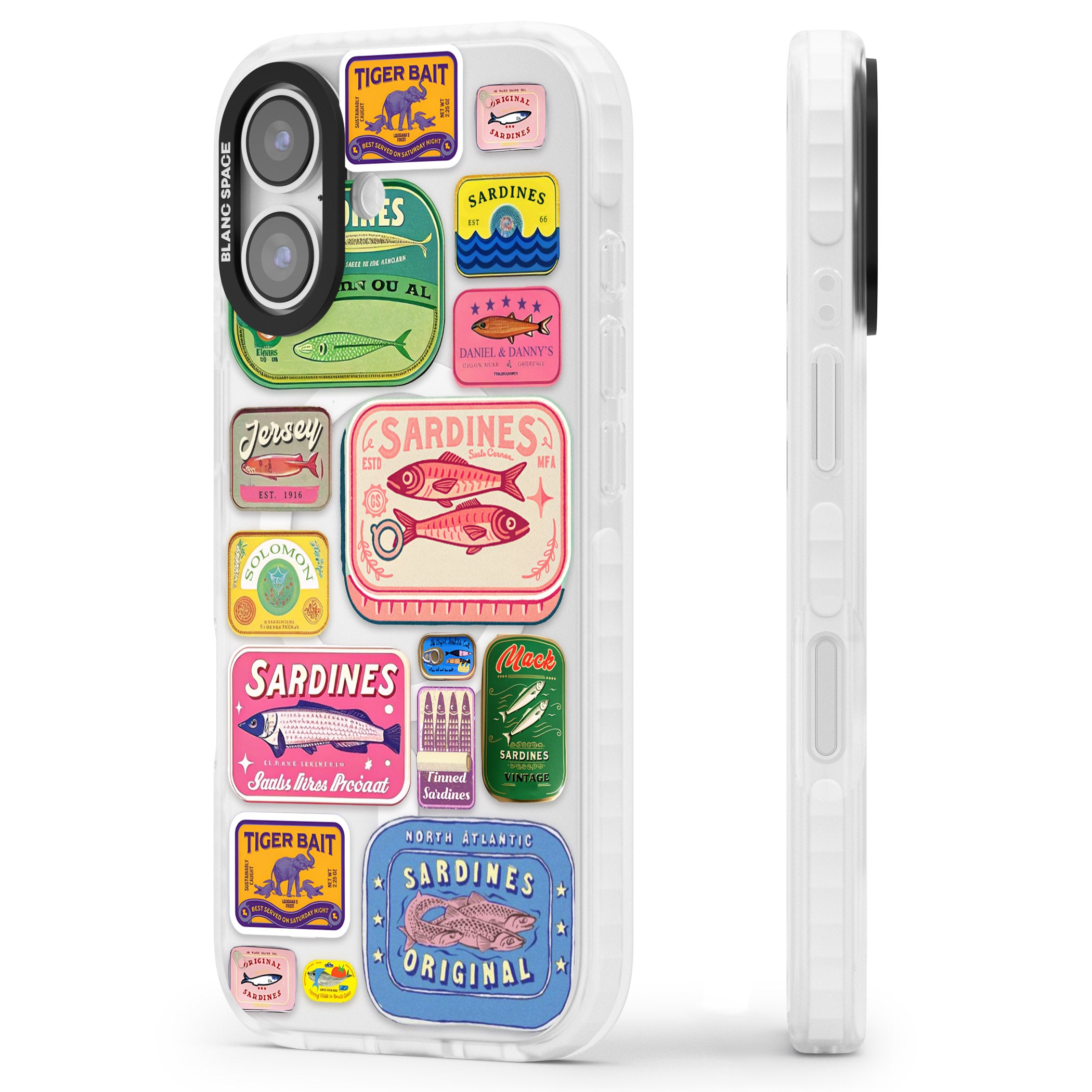 Vintage Sardine Tins iPhone 17 Impact Pro Clear Phone Case Side Profile